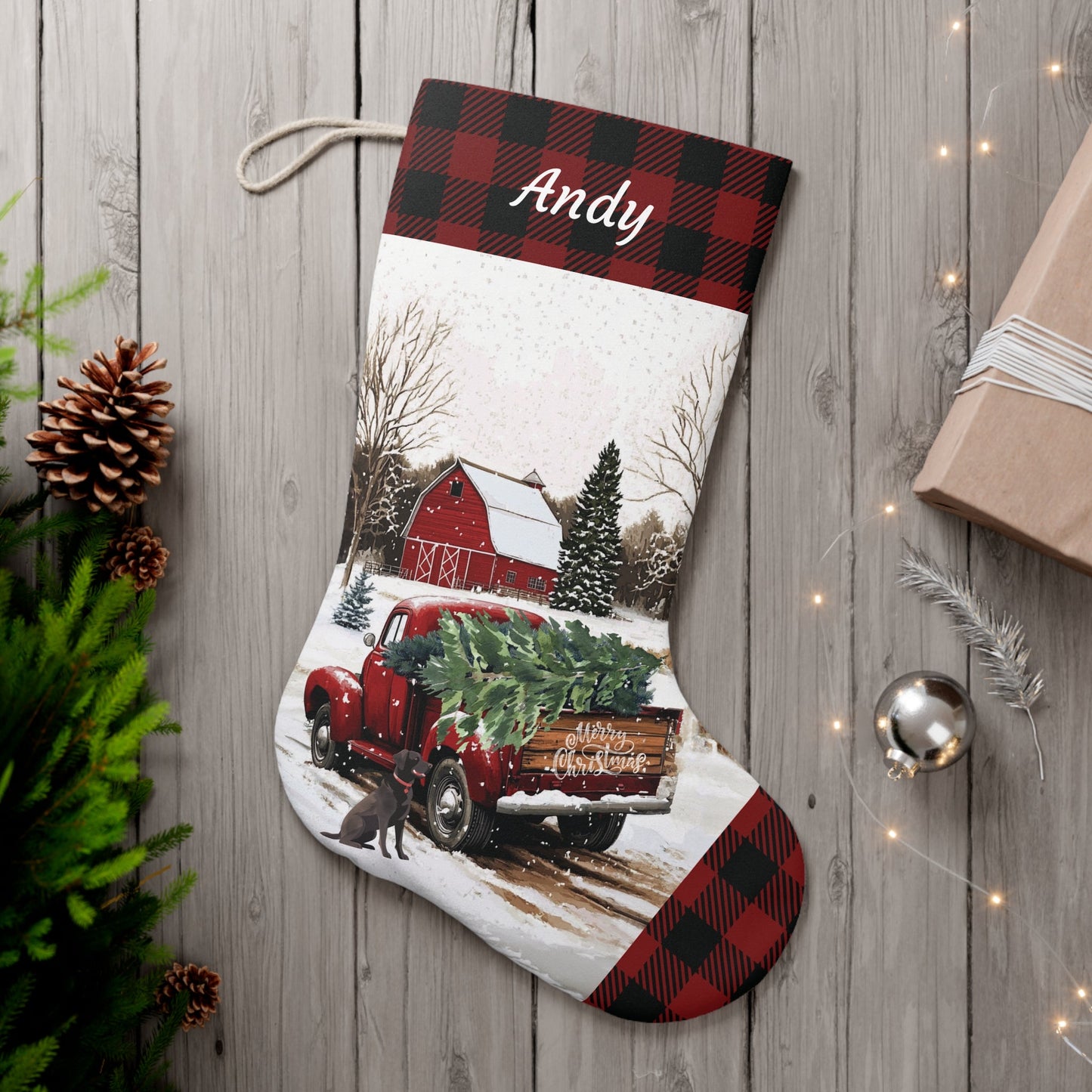 Large Christmas Red Truck Stocking 2024 Design, Vintage Farmhouse - FlooredByArt