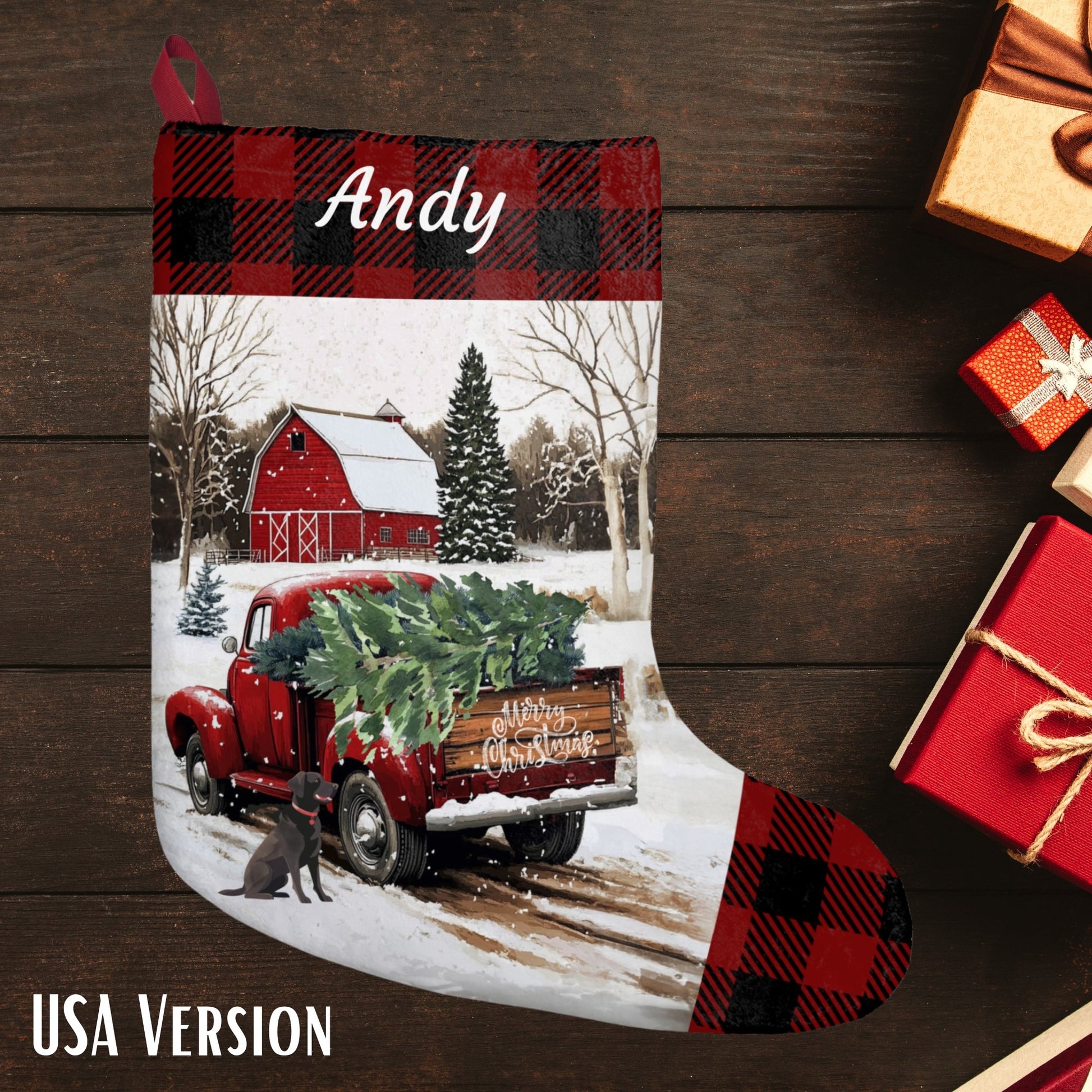 Large Christmas Red Truck Stocking 2024 Design, Vintage Farmhouse - FlooredByArt