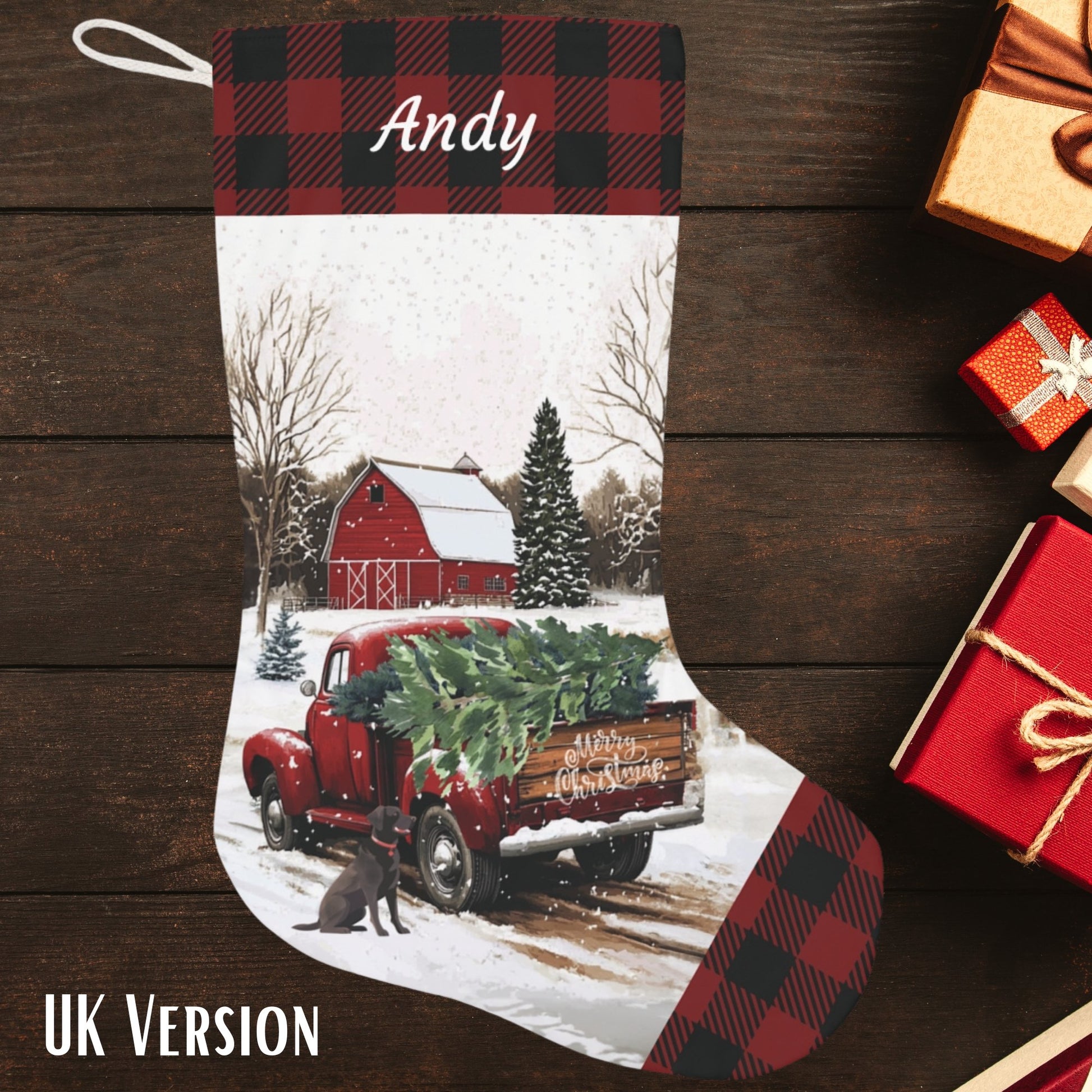 Large Christmas Red Truck Stocking 2024 Design, Vintage Farmhouse - FlooredByArt