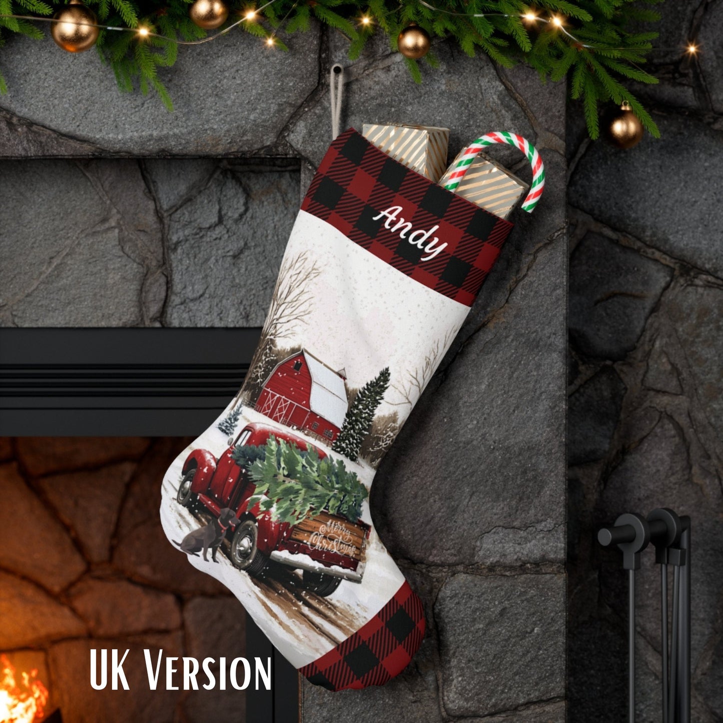 Large Christmas Red Truck Stocking 2024 Design, Vintage Farmhouse - FlooredByArt