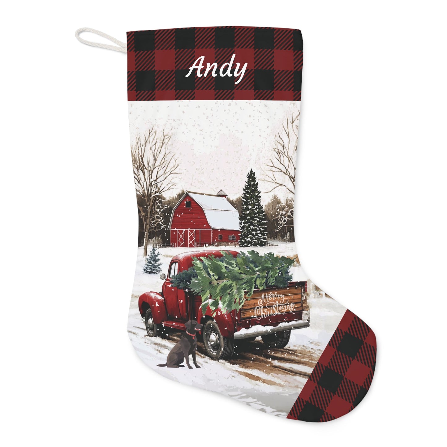 Large Christmas Red Truck Stocking 2024 Design, Vintage Farmhouse - FlooredByArt