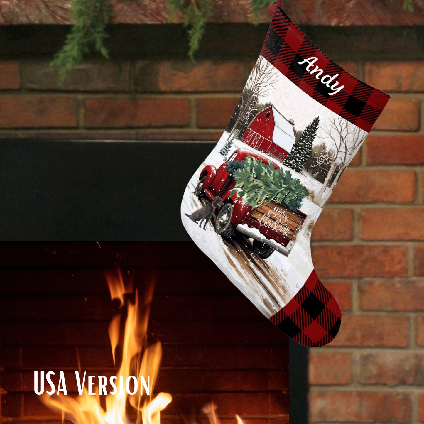 Large Christmas Red Truck Stocking 2024 Design, Vintage Farmhouse - FlooredByArt