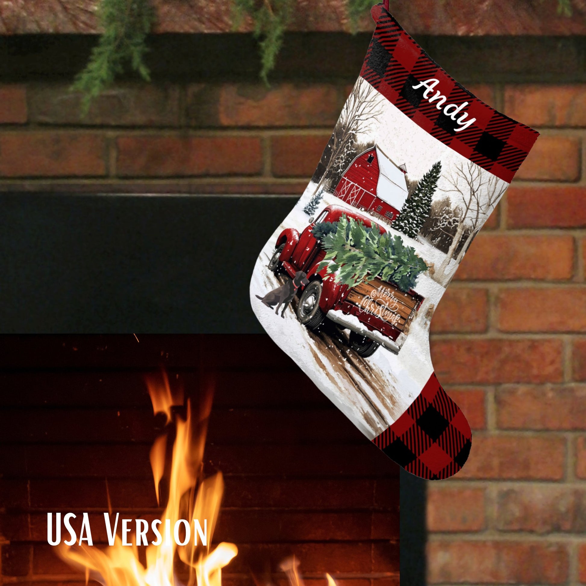Large Christmas Red Truck Stocking 2024 Design, Vintage Farmhouse - FlooredByArt