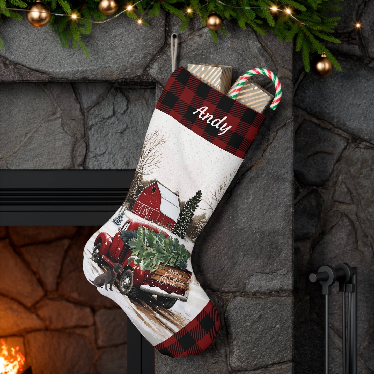 Large Christmas Red Truck Stocking 2024 Design, Vintage Farmhouse - FlooredByArt