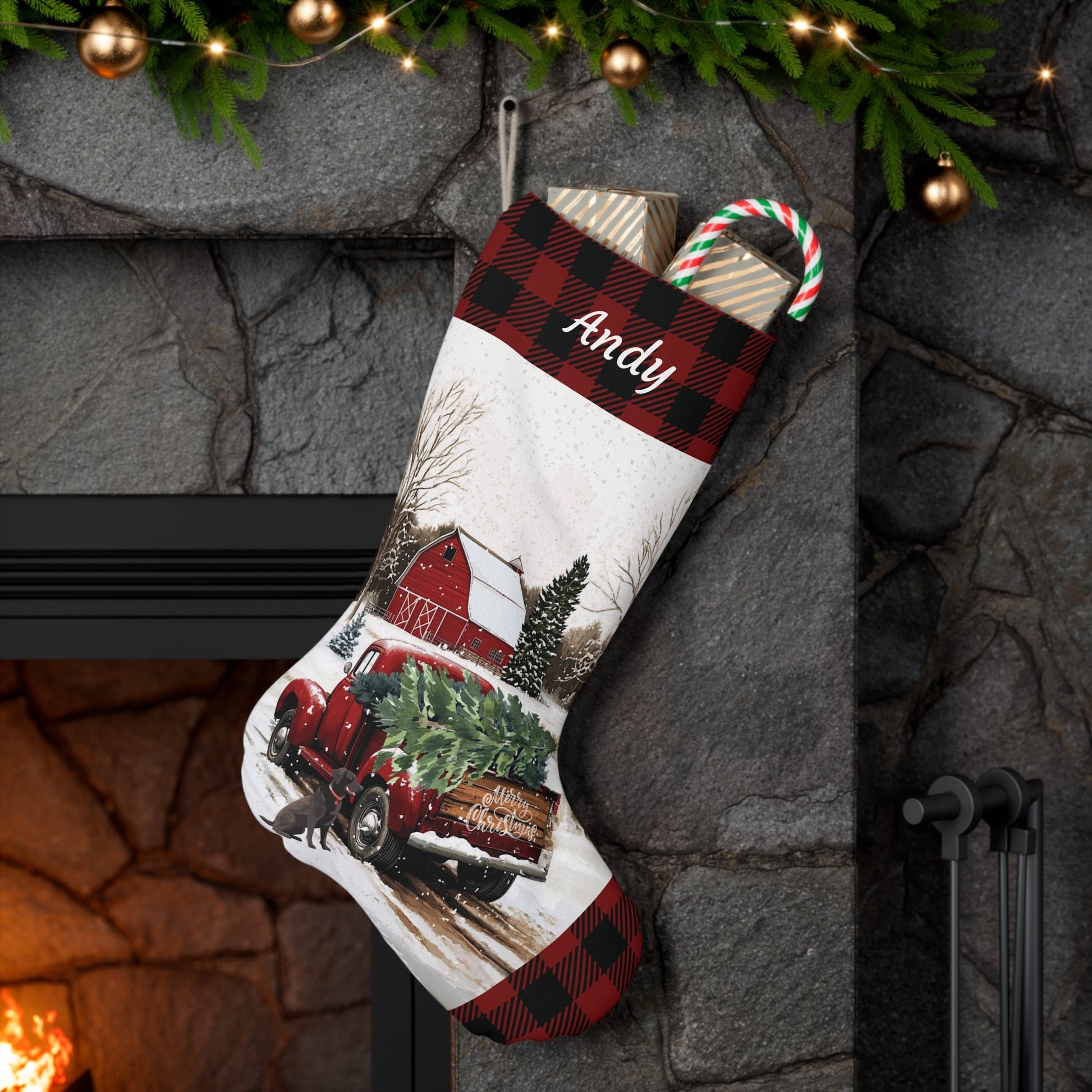 Large Christmas Red Truck Stocking 2024 Design, Vintage Farmhouse - FlooredByArt