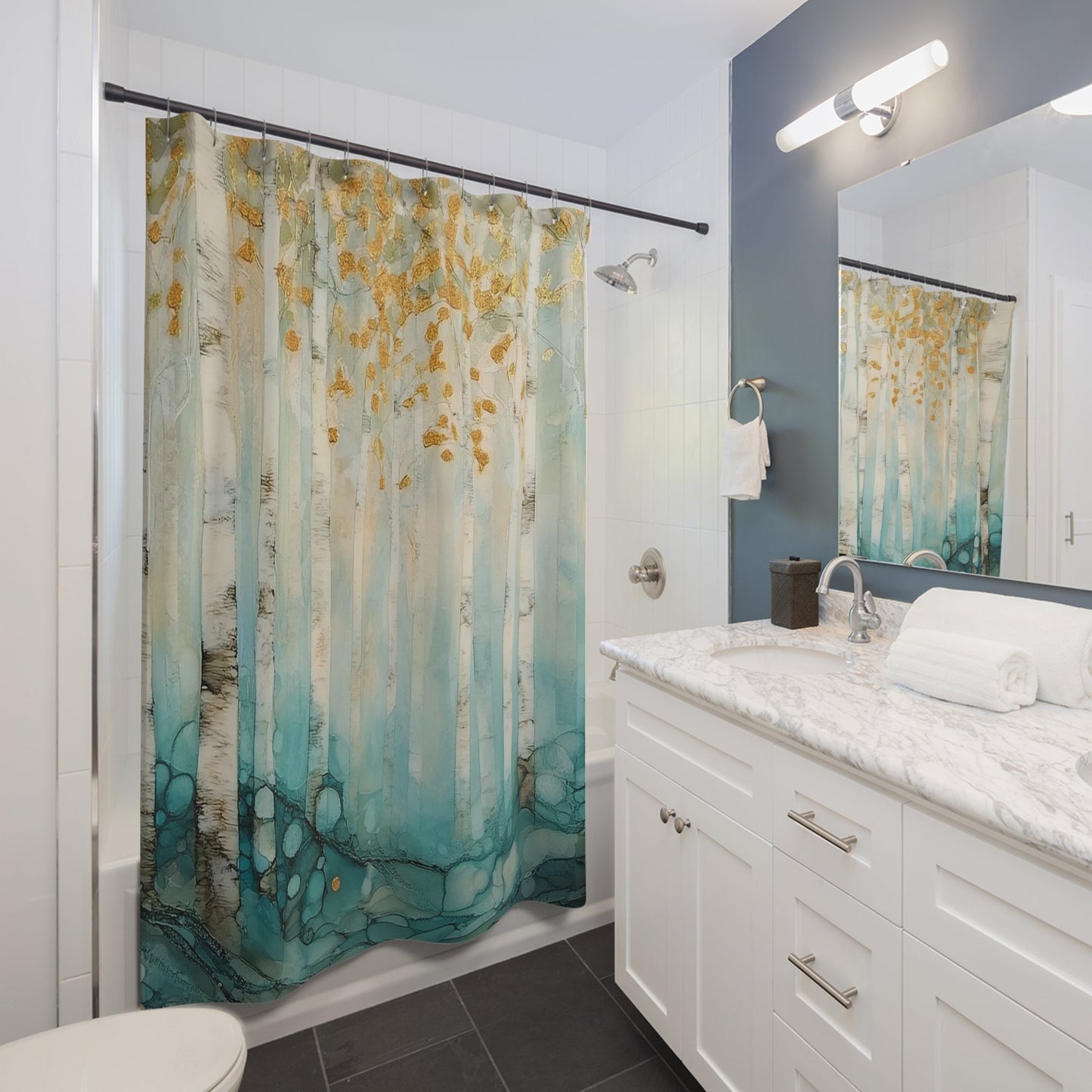 Magic Forest Shower Curtain, Golden Leaf White Aspen Watercolor, Unique Bathroom Decor - FlooredByArt