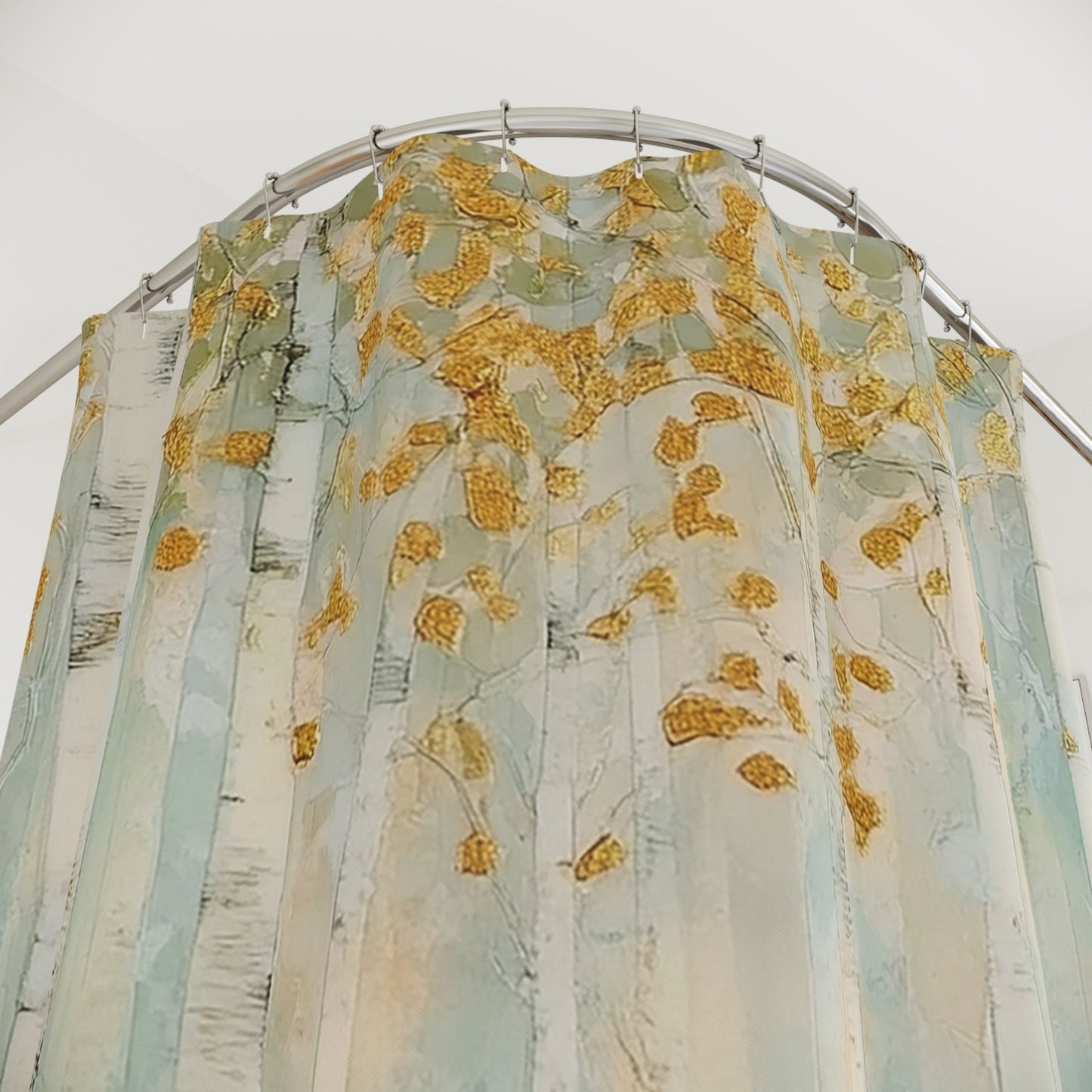 Magic Forest Shower Curtain, Golden Leaf White Aspen Watercolor, Unique Bathroom Decor - FlooredByArt
