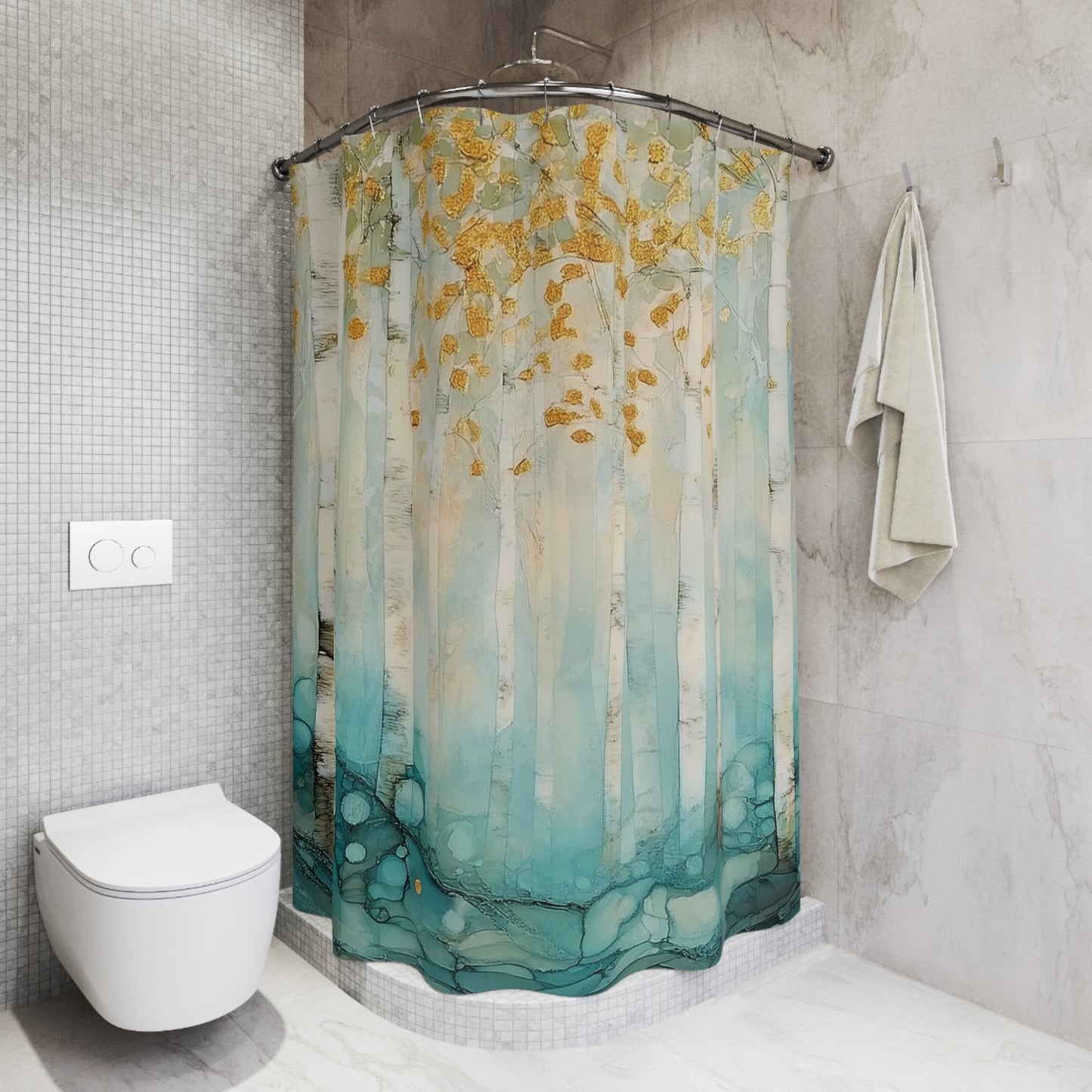 Magic Forest Shower Curtain, Golden Leaf White Aspen Watercolor, Unique Bathroom Decor - FlooredByArt