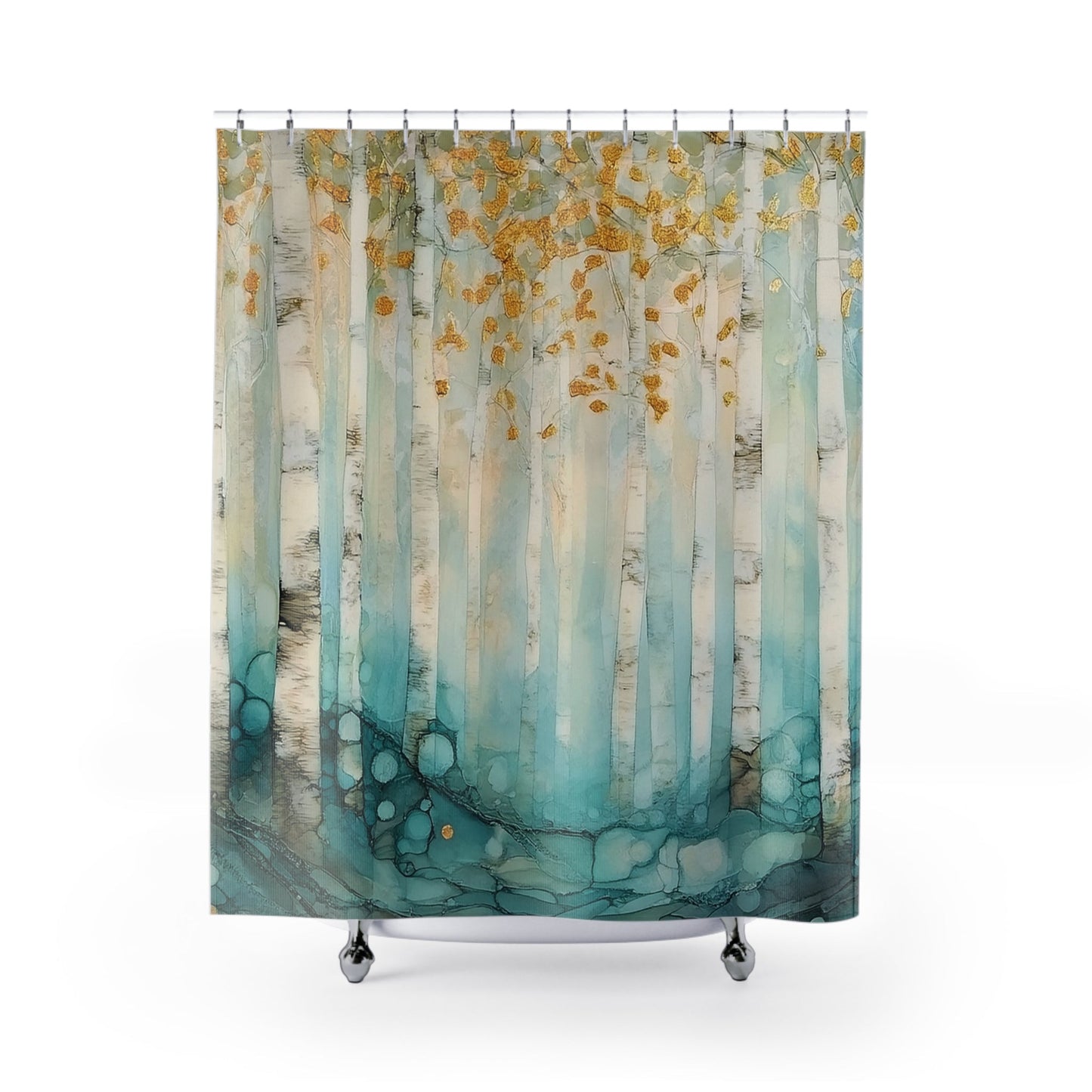 Magic Forest Shower Curtain, Golden Leaf White Aspen Watercolor, Unique Bathroom Decor - FlooredByArt