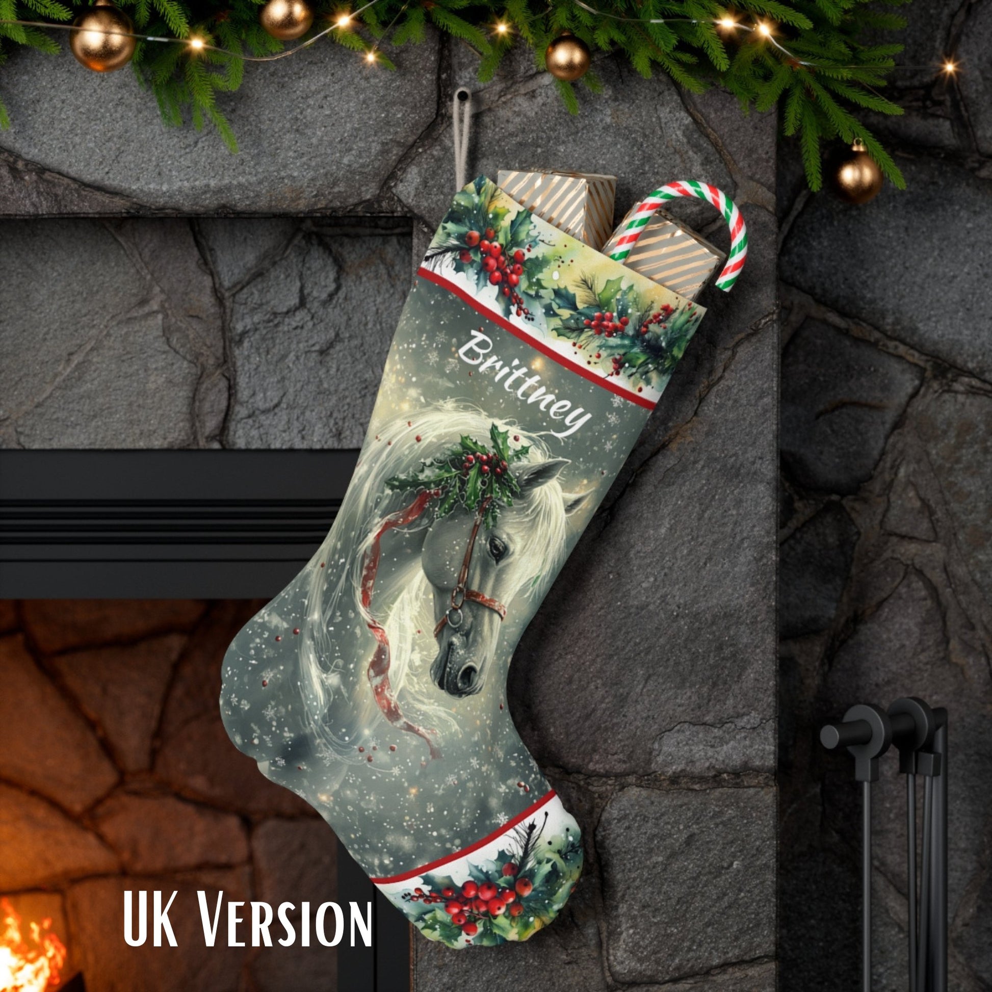Magical Christmas Horse Stocking, White Dream Horse on a Holiday Stocking, Angel Horse Art - FlooredByArt