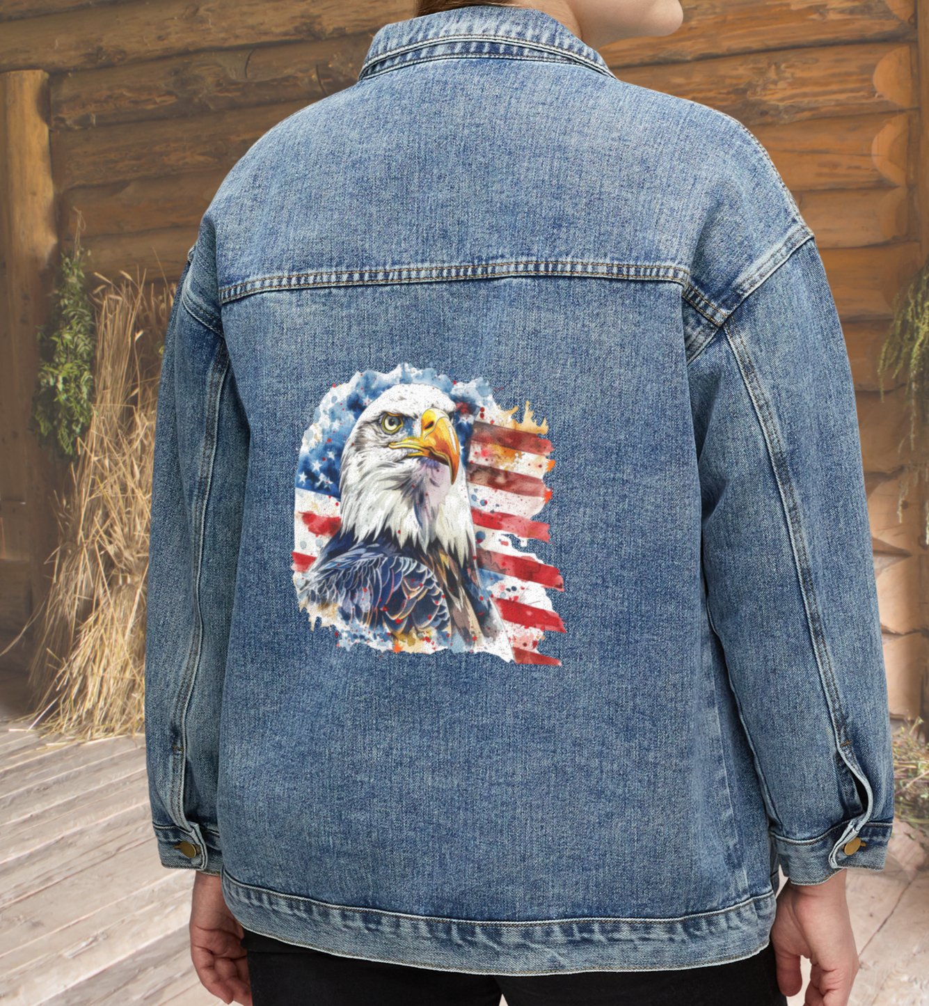 Mens or Womens American Flag Jean Jacket, Cotton Denim American Flag and Eagle, Light Jacket, USA - FlooredByArt