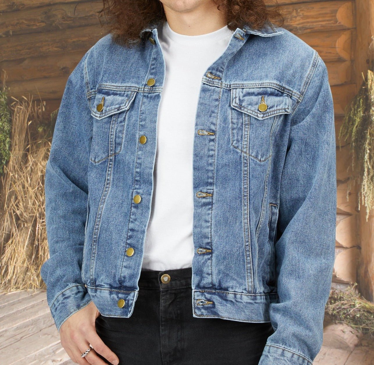 Mens Rodeo Jean Jacket, Cotton Denim Rodeo Bronco Rider, Light Denim Jacket - FlooredByArt