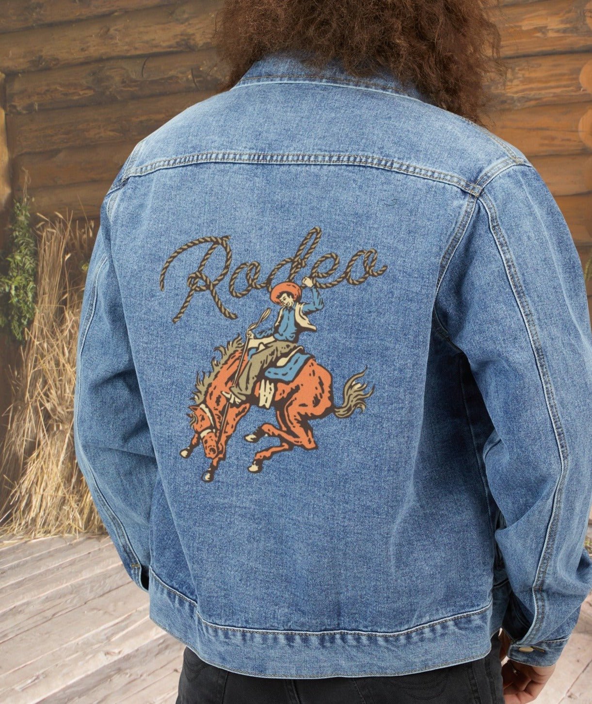 Mens Rodeo Jean Jacket, Cotton Denim Rodeo Bronco Rider, Light Denim Jacket - FlooredByArt
