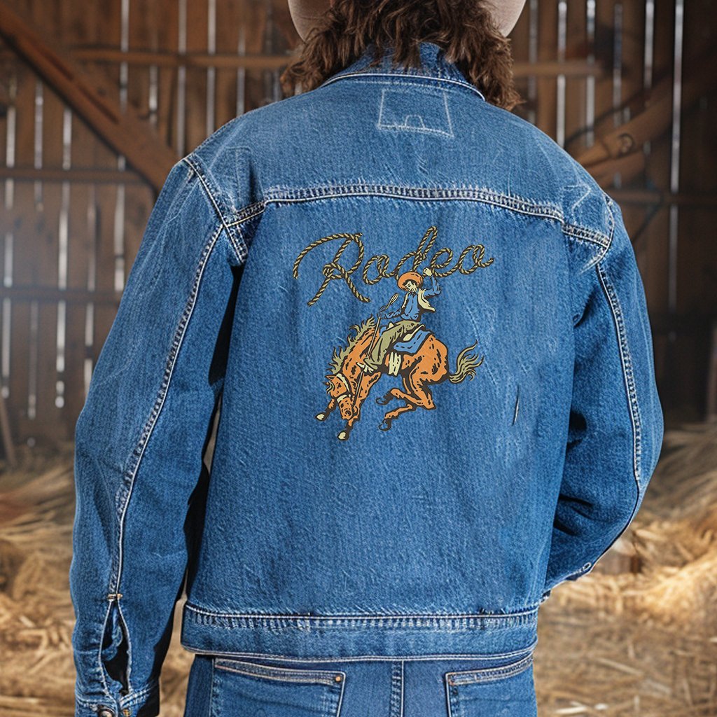 Mens Rodeo Jean Jacket, Cotton Denim Rodeo Bronco Rider, Light Denim Jacket - FlooredByArt