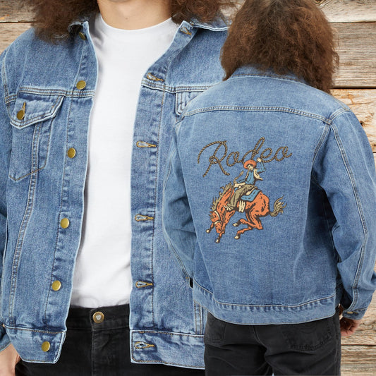 Mens Rodeo Jean Jacket, Cotton Denim Rodeo Bronco Rider, Light Denim Jacket - FlooredByArt