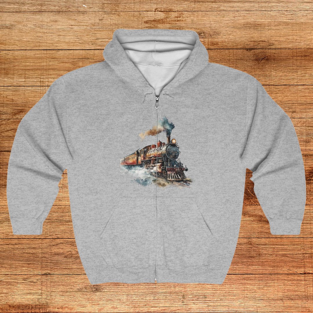 Men's Train Jacket, Vintage Locomotive Steam Engine Full Zip Hoodie - FlooredByArt