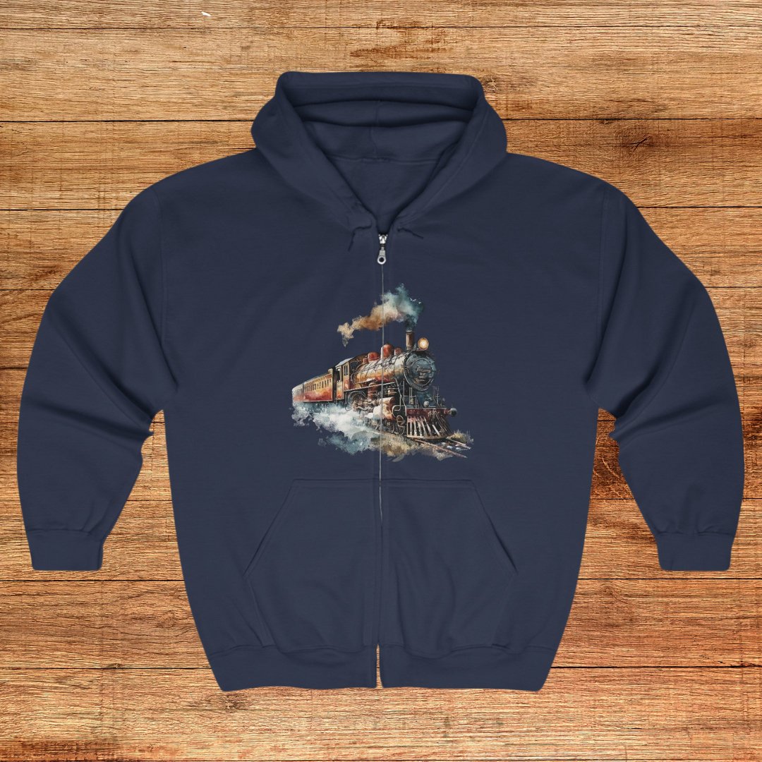Men's Train Jacket, Vintage Locomotive Steam Engine Full Zip Hoodie - FlooredByArt