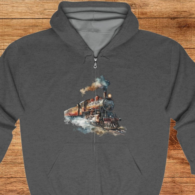 Men's Train Jacket, Vintage Locomotive Steam Engine Full Zip Hoodie - FlooredByArt