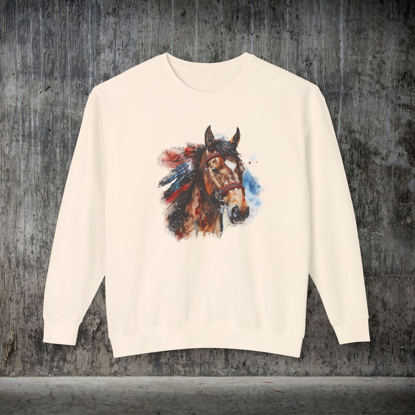 Native American Horse Sweatshirt, Comfort Color LIGHTWEIGHT, Native Style Spirit Horse With Feathers - FlooredByArt