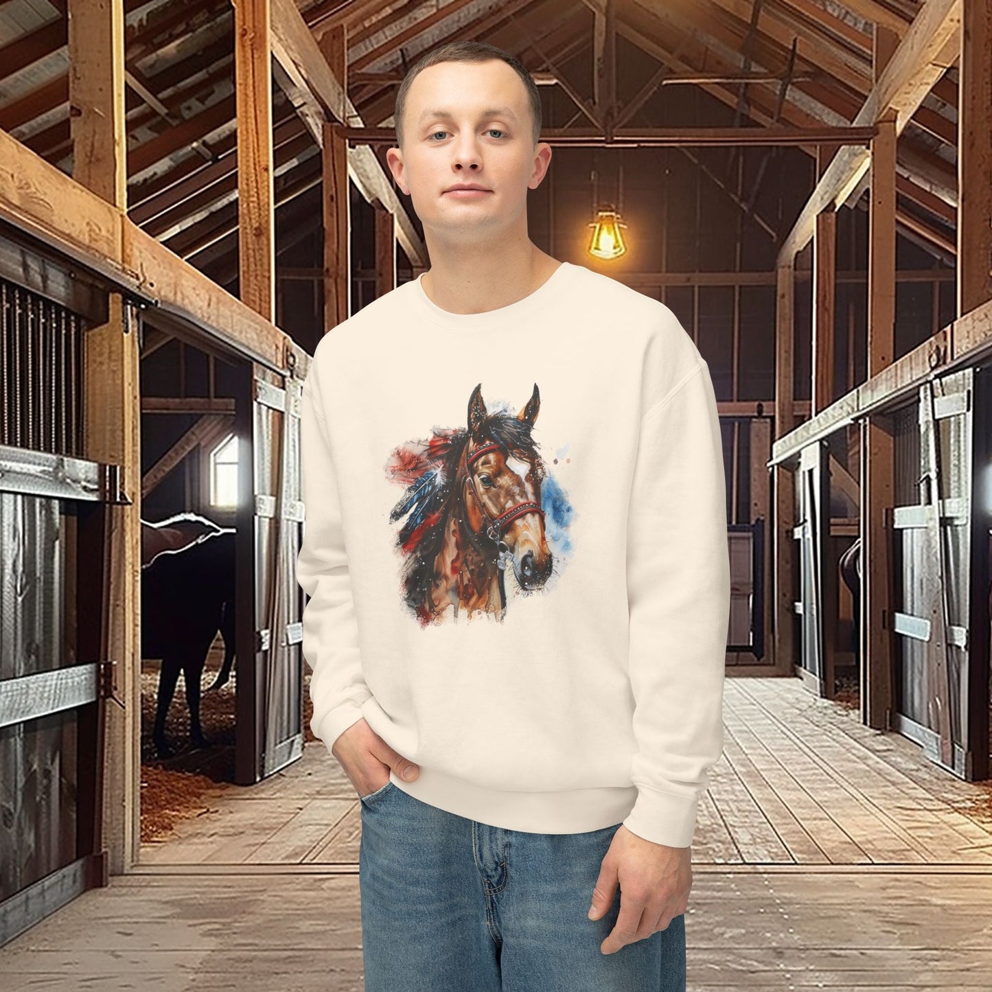 Native American Horse Sweatshirt, Comfort Color LIGHTWEIGHT, Native Style Spirit Horse With Feathers - FlooredByArt