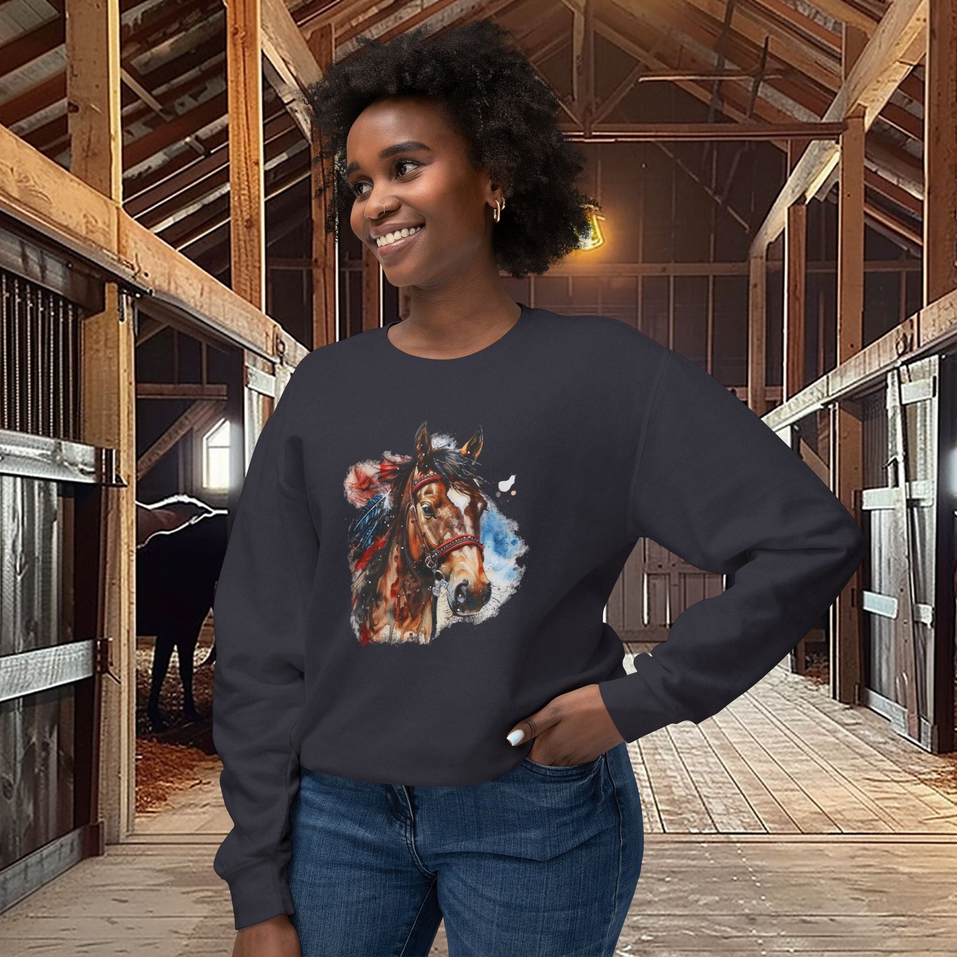Native American Horse Sweatshirt, Comfort Color LIGHTWEIGHT, Native Style Spirit Horse With Feathers - FlooredByArt