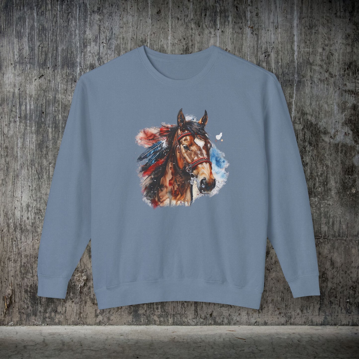 Native American Horse Sweatshirt, Comfort Color LIGHTWEIGHT, Native Style Spirit Horse With Feathers - FlooredByArt