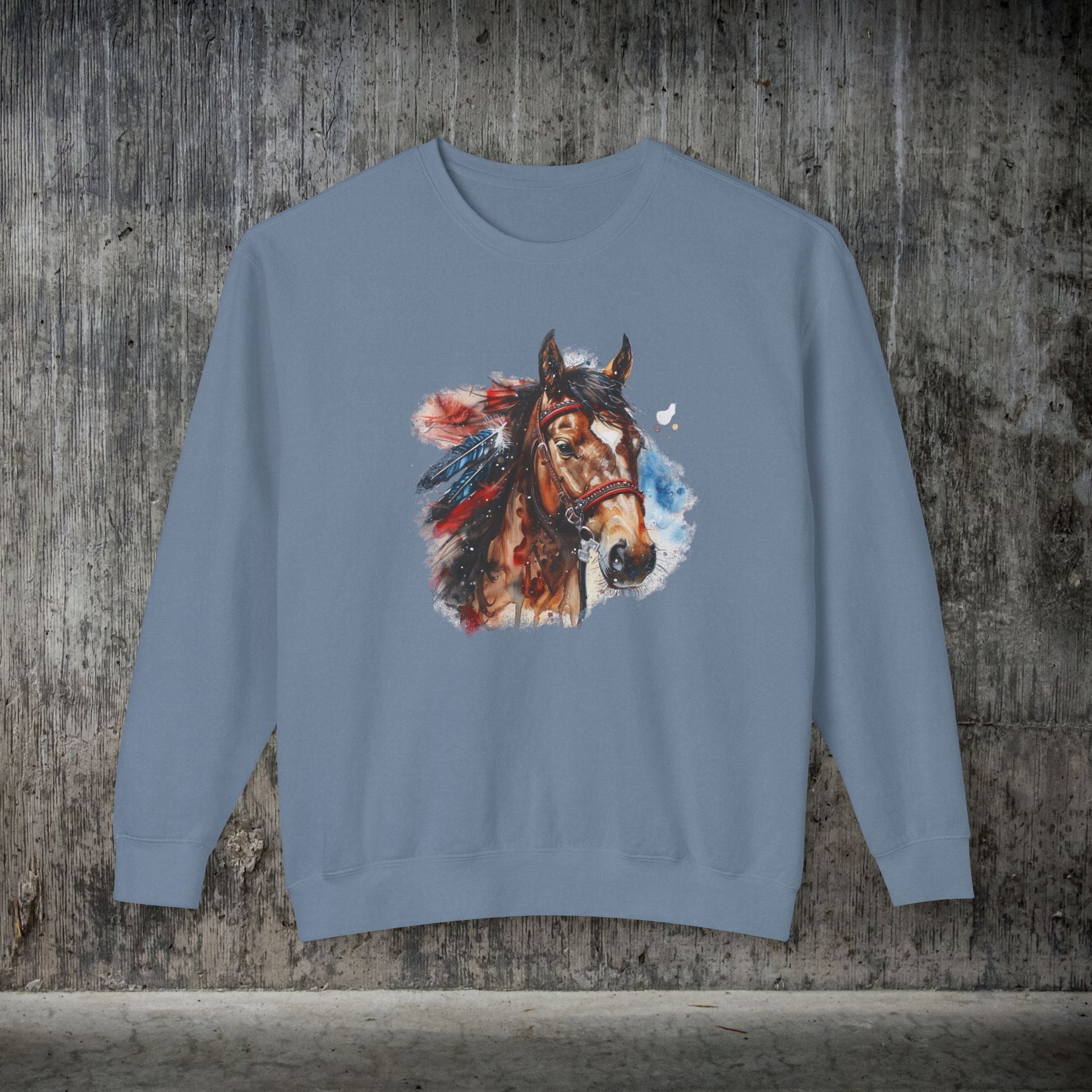 Native American Horse Sweatshirt, Comfort Color LIGHTWEIGHT, Native Style Spirit Horse With Feathers - FlooredByArt