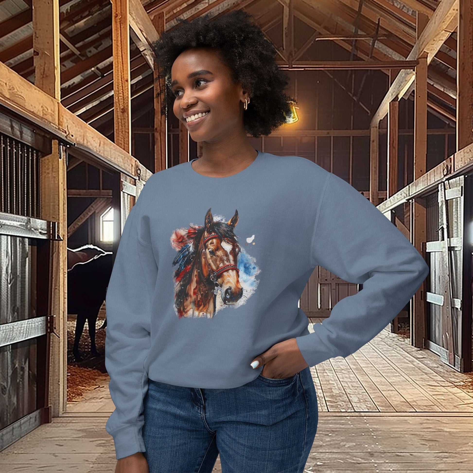 Native American Horse Sweatshirt, Comfort Color LIGHTWEIGHT, Native Style Spirit Horse With Feathers - FlooredByArt