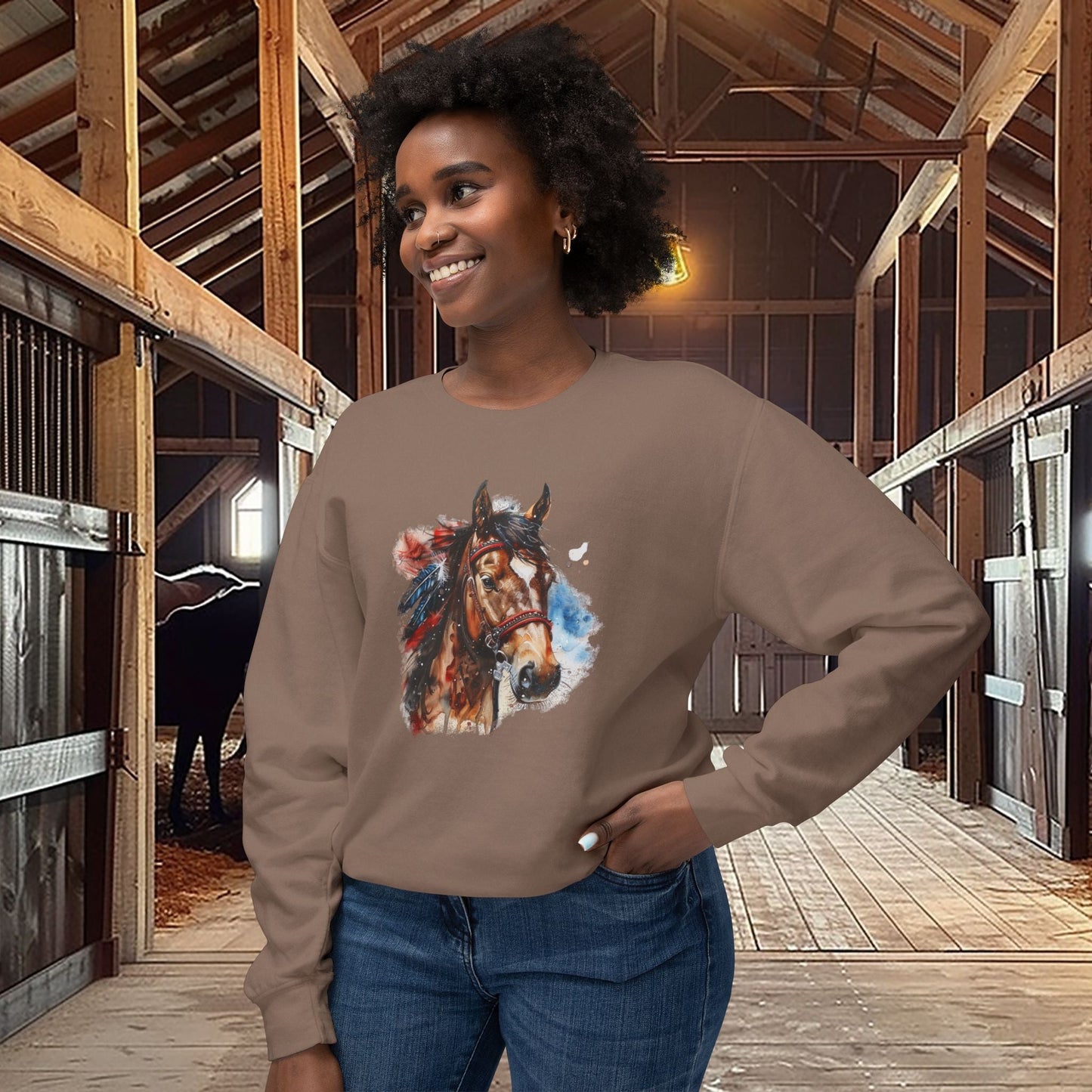 Native American Horse Sweatshirt, Comfort Color LIGHTWEIGHT, Native Style Spirit Horse With Feathers - FlooredByArt