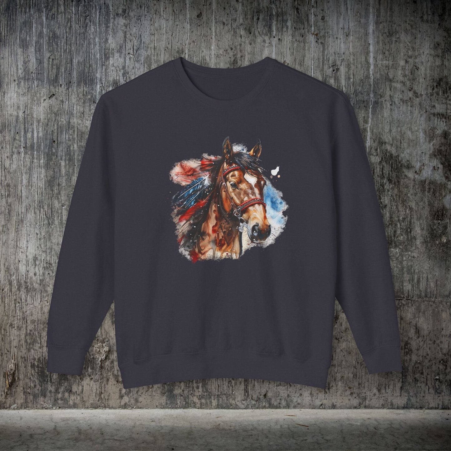 Native American Horse Sweatshirt, Comfort Color LIGHTWEIGHT, Native Style Spirit Horse With Feathers - FlooredByArt