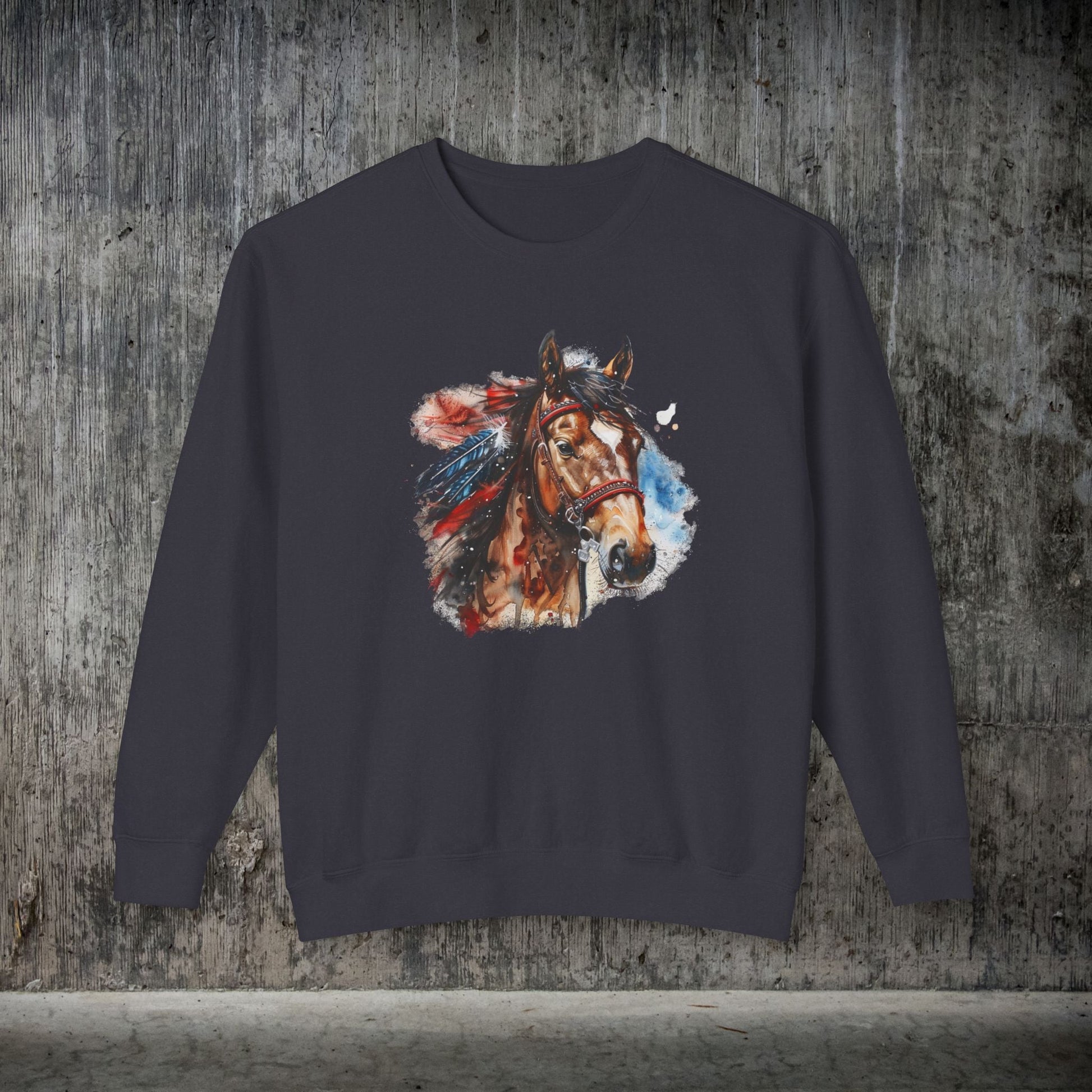 Native American Horse Sweatshirt, Comfort Color LIGHTWEIGHT, Native Style Spirit Horse With Feathers - FlooredByArt