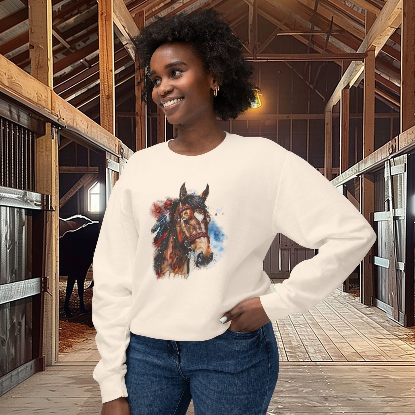 Native American Horse Sweatshirt, Comfort Color LIGHTWEIGHT, Native Style Spirit Horse With Feathers - FlooredByArt