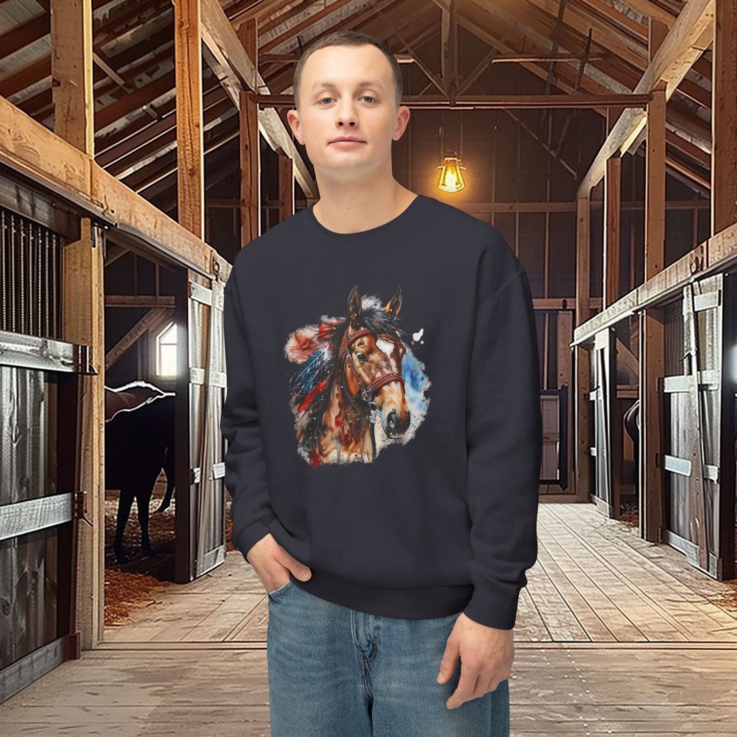 Native American Horse Sweatshirt, Comfort Color LIGHTWEIGHT, Native Style Spirit Horse With Feathers - FlooredByArt
