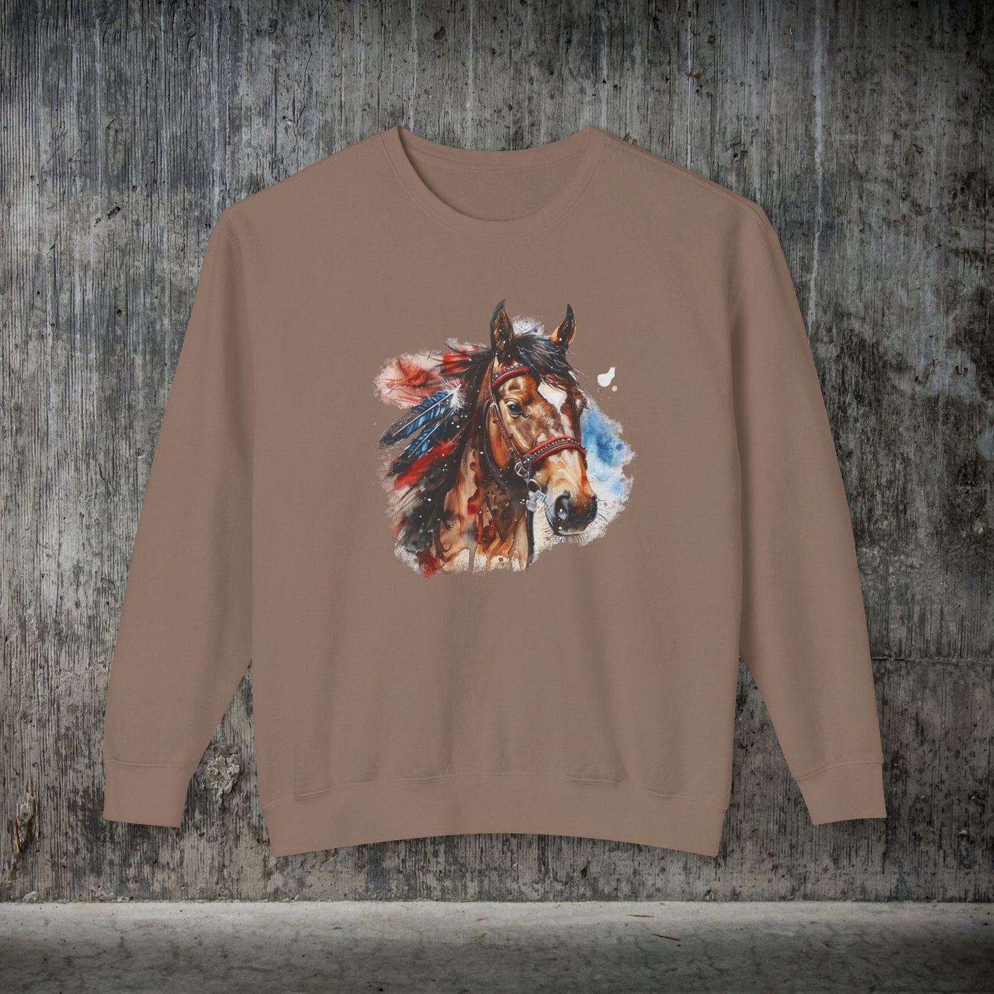 Native American Horse Sweatshirt, Comfort Color LIGHTWEIGHT, Native Style Spirit Horse With Feathers - FlooredByArt