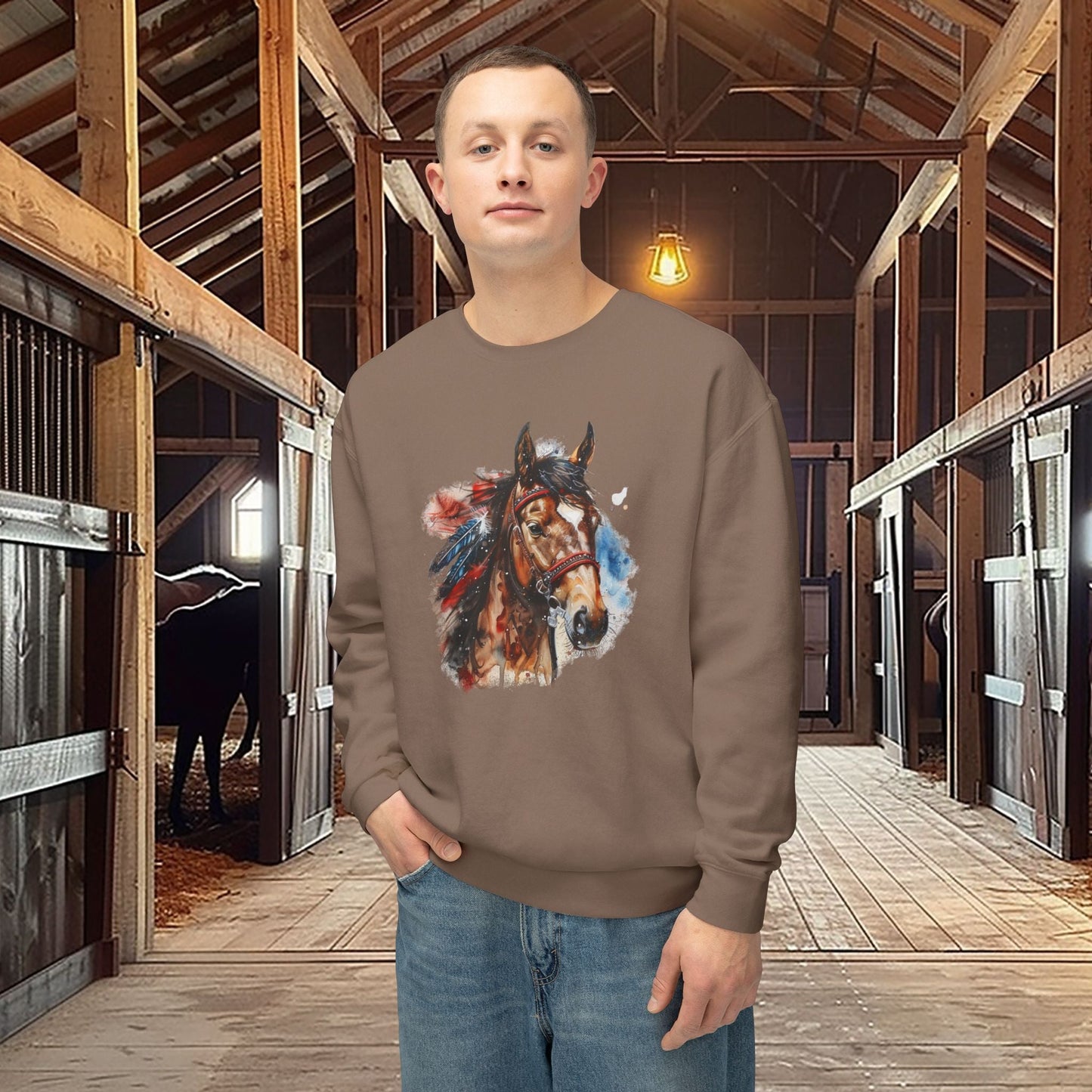 Native American Horse Sweatshirt, Comfort Color LIGHTWEIGHT, Native Style Spirit Horse With Feathers - FlooredByArt
