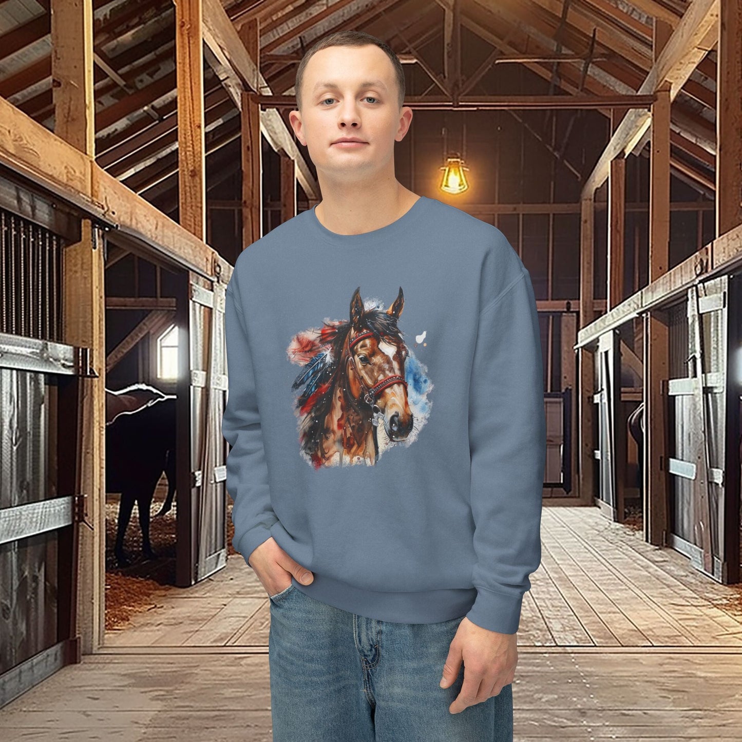 Native American Horse Sweatshirt, Comfort Color LIGHTWEIGHT, Native Style Spirit Horse With Feathers - FlooredByArt