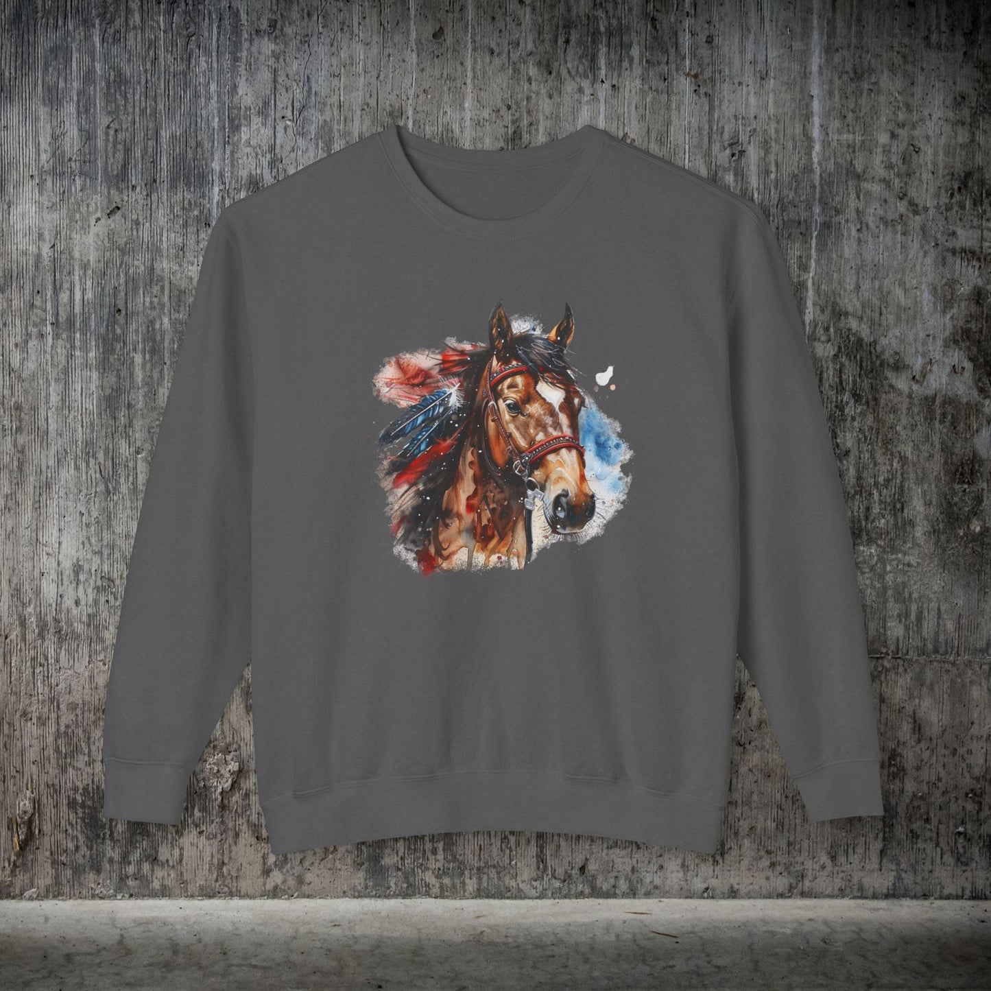 Native American Horse Sweatshirt, Comfort Color LIGHTWEIGHT, Native Style Spirit Horse With Feathers - FlooredByArt