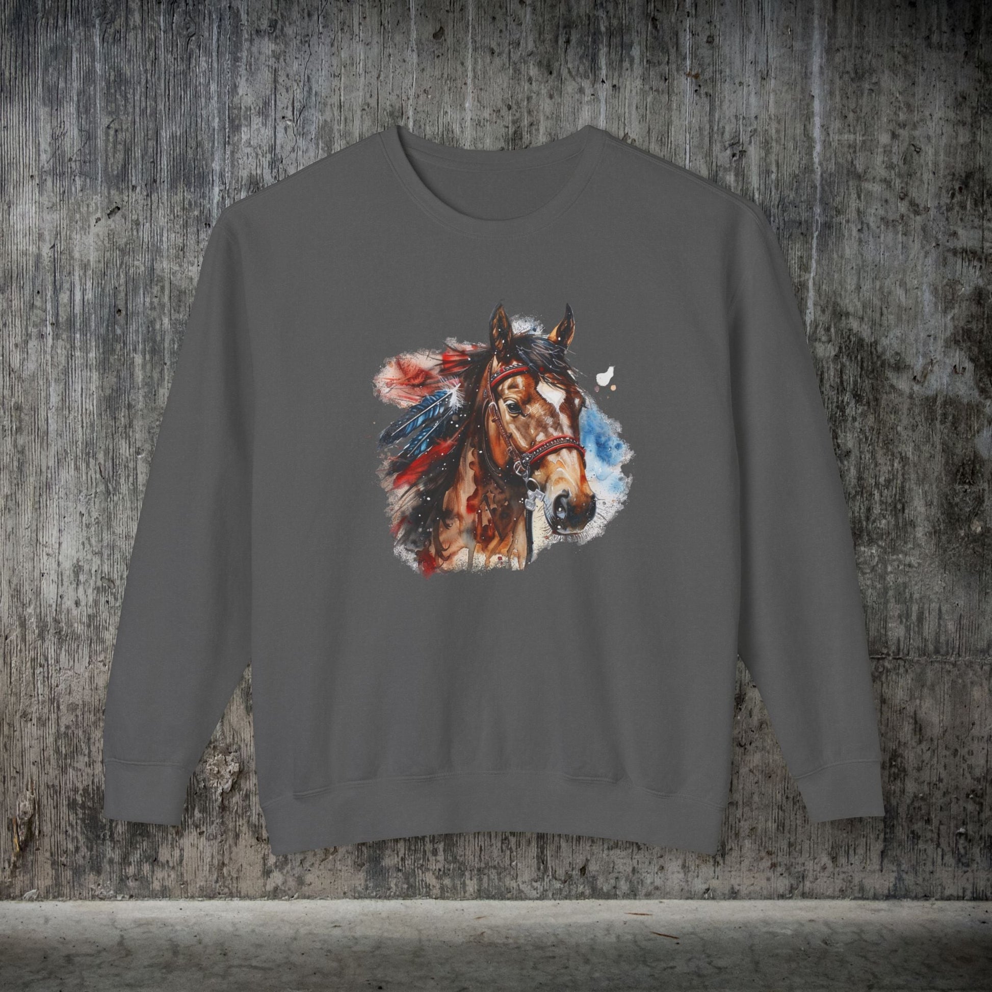 Native American Horse Sweatshirt, Comfort Color LIGHTWEIGHT, Native Style Spirit Horse With Feathers - FlooredByArt