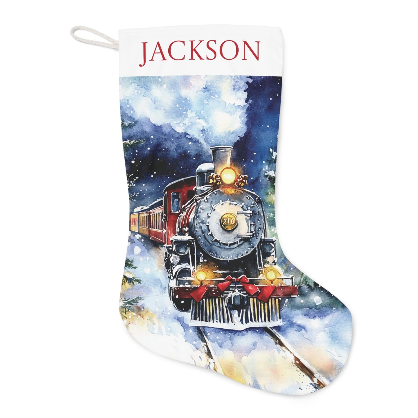 New Christmas Train Stocking 2024 Design - Large Vintage Steam Train Art For Christmas - FlooredByArt