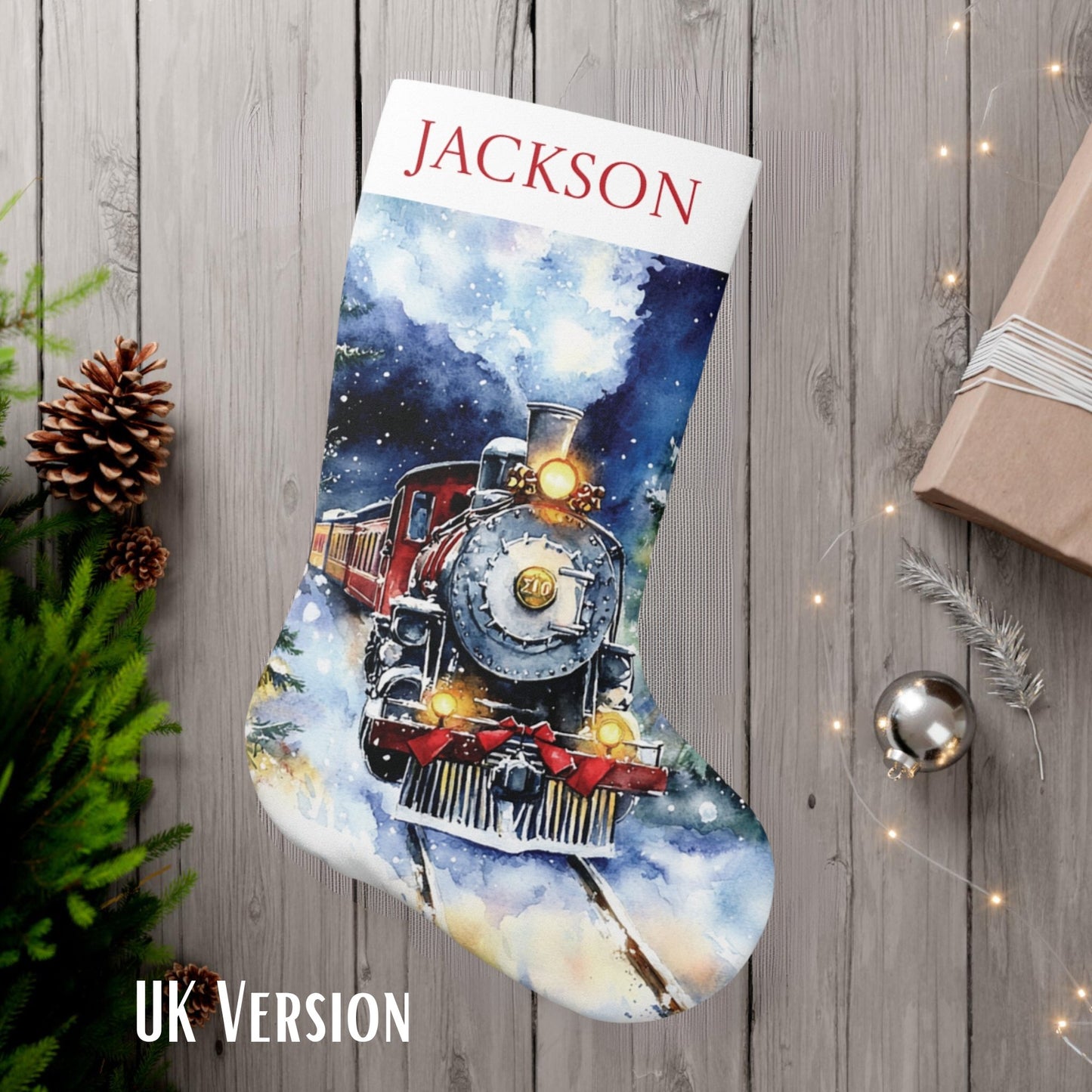 New Christmas Train Stocking 2024 Design - Large Vintage Steam Train Art For Christmas - FlooredByArt