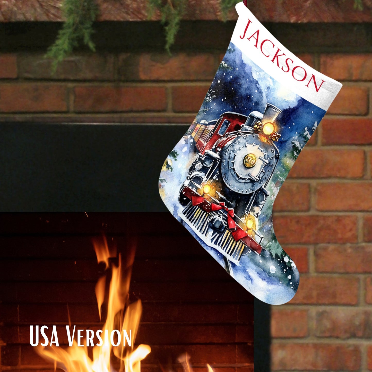 New Christmas Train Stocking 2024 Design - Large Vintage Steam Train Art For Christmas - FlooredByArt