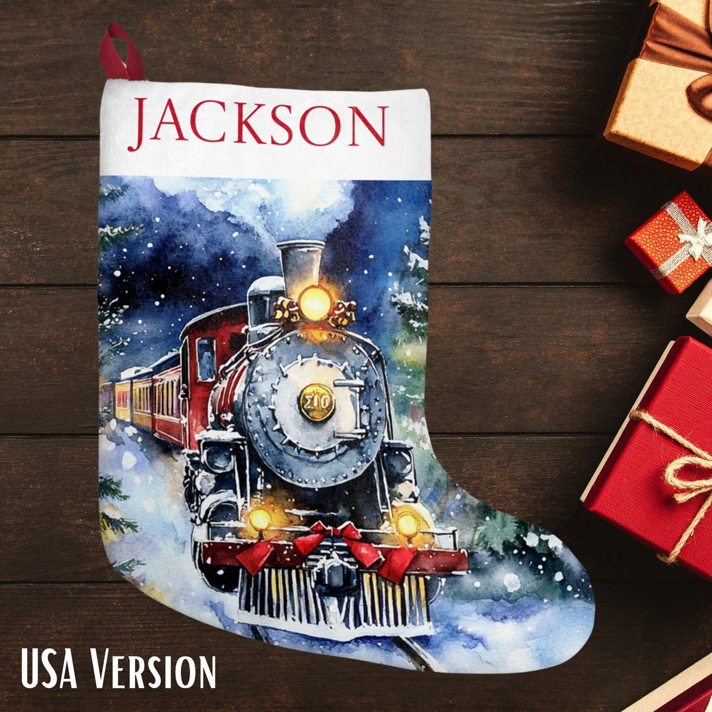 New Christmas Train Stocking 2024 Design - Large Vintage Steam Train Art For Christmas - FlooredByArt