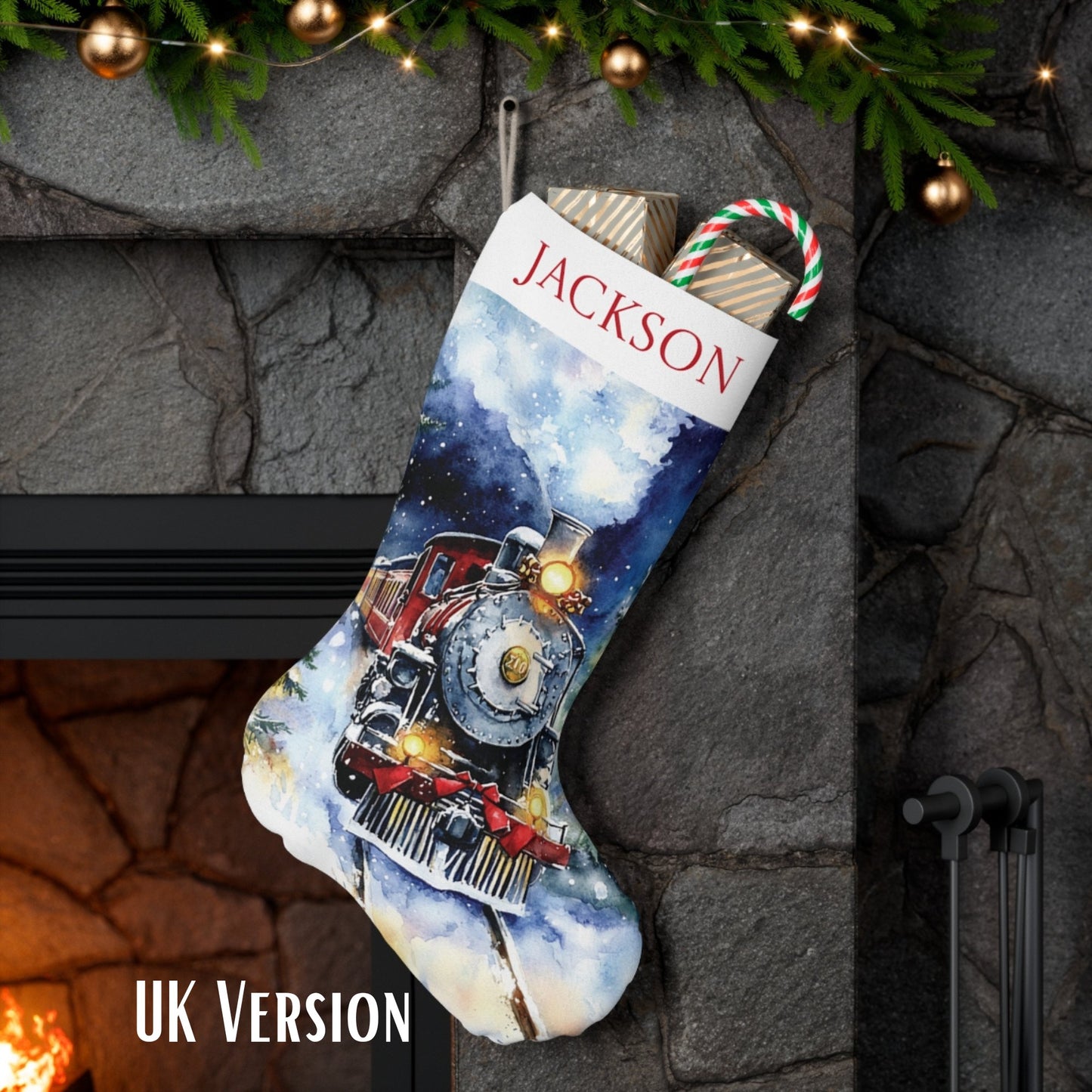 New Christmas Train Stocking 2024 Design - Large Vintage Steam Train Art For Christmas - FlooredByArt