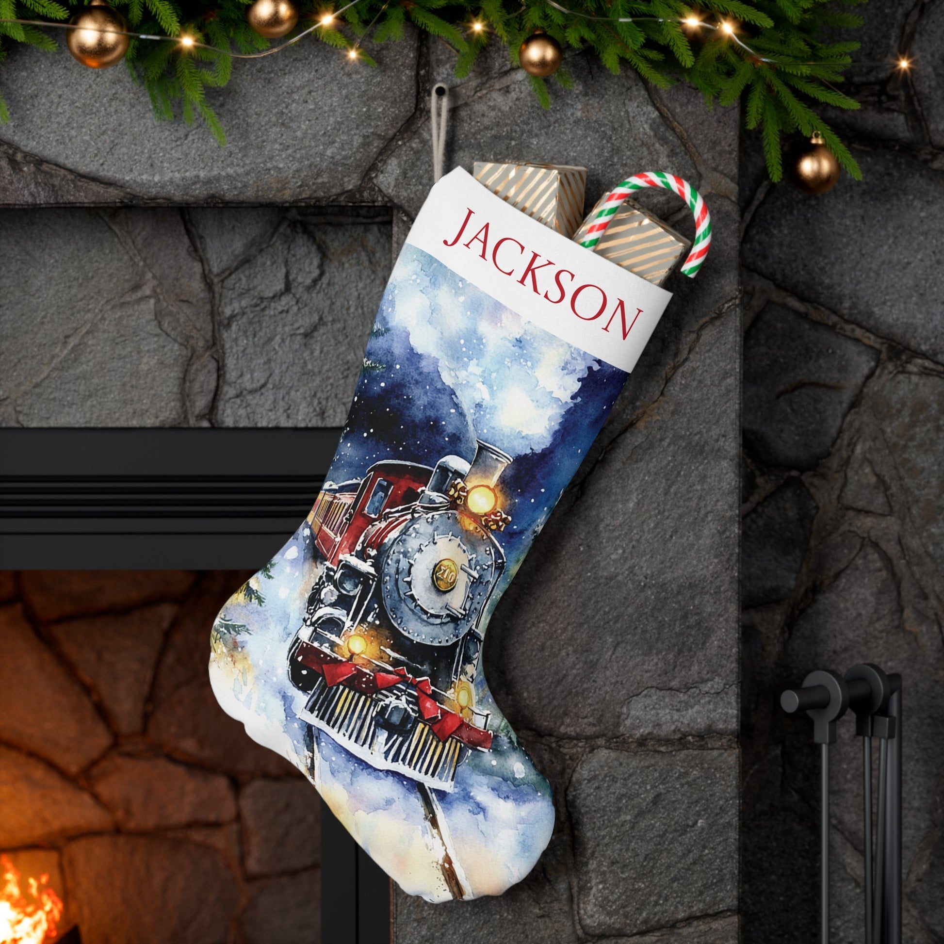 New Christmas Train Stocking 2024 Design - Large Vintage Steam Train Art For Christmas - FlooredByArt