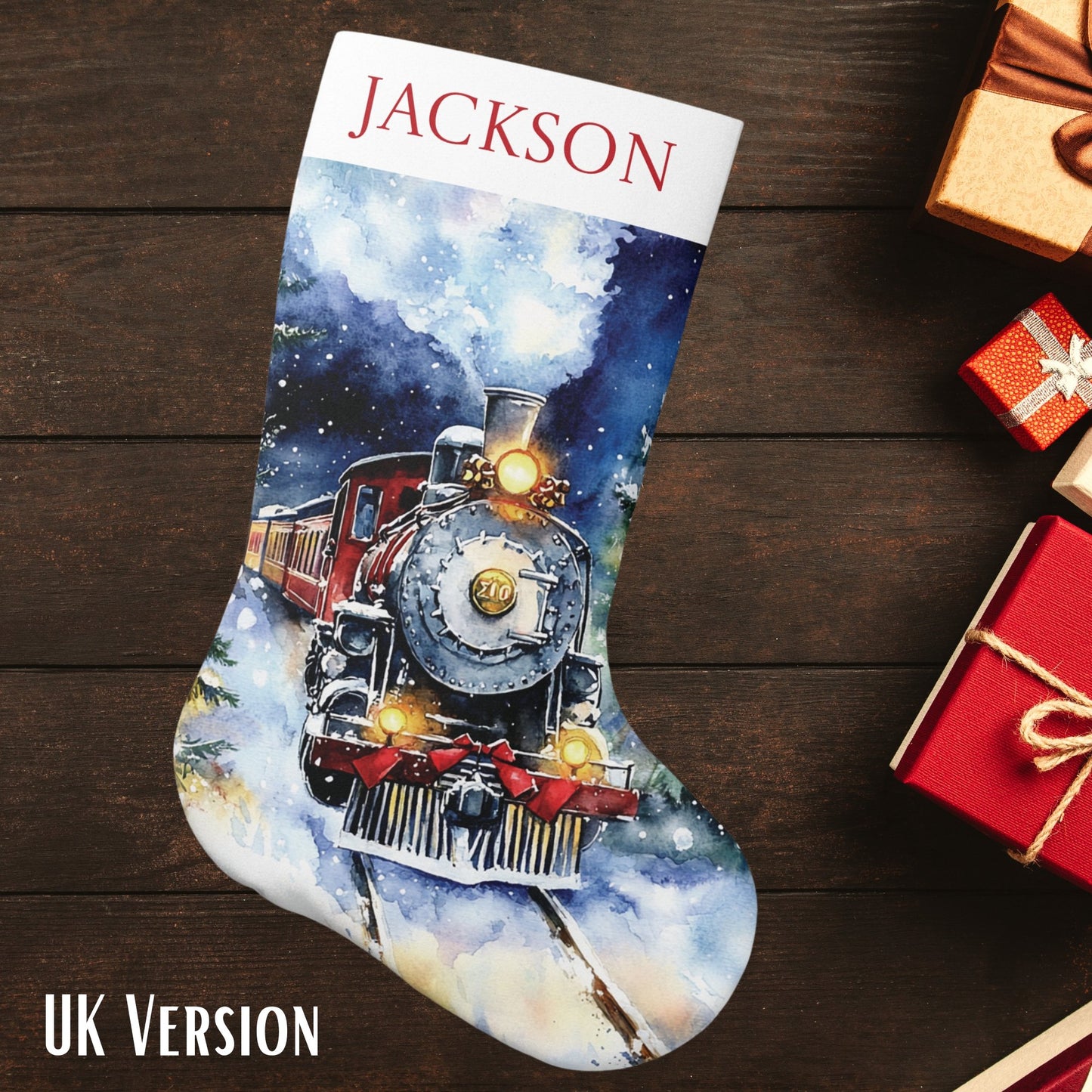 New Christmas Train Stocking 2024 Design - Large Vintage Steam Train Art For Christmas - FlooredByArt