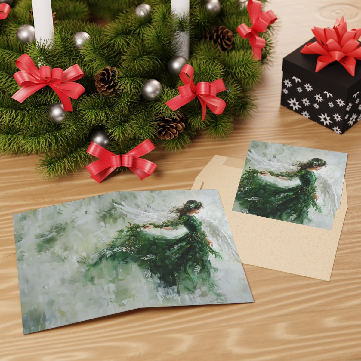Original Artwork Forest Green Angel in Oils, Blank Christmas Cards - Set of 10 or 1 - FlooredByArt