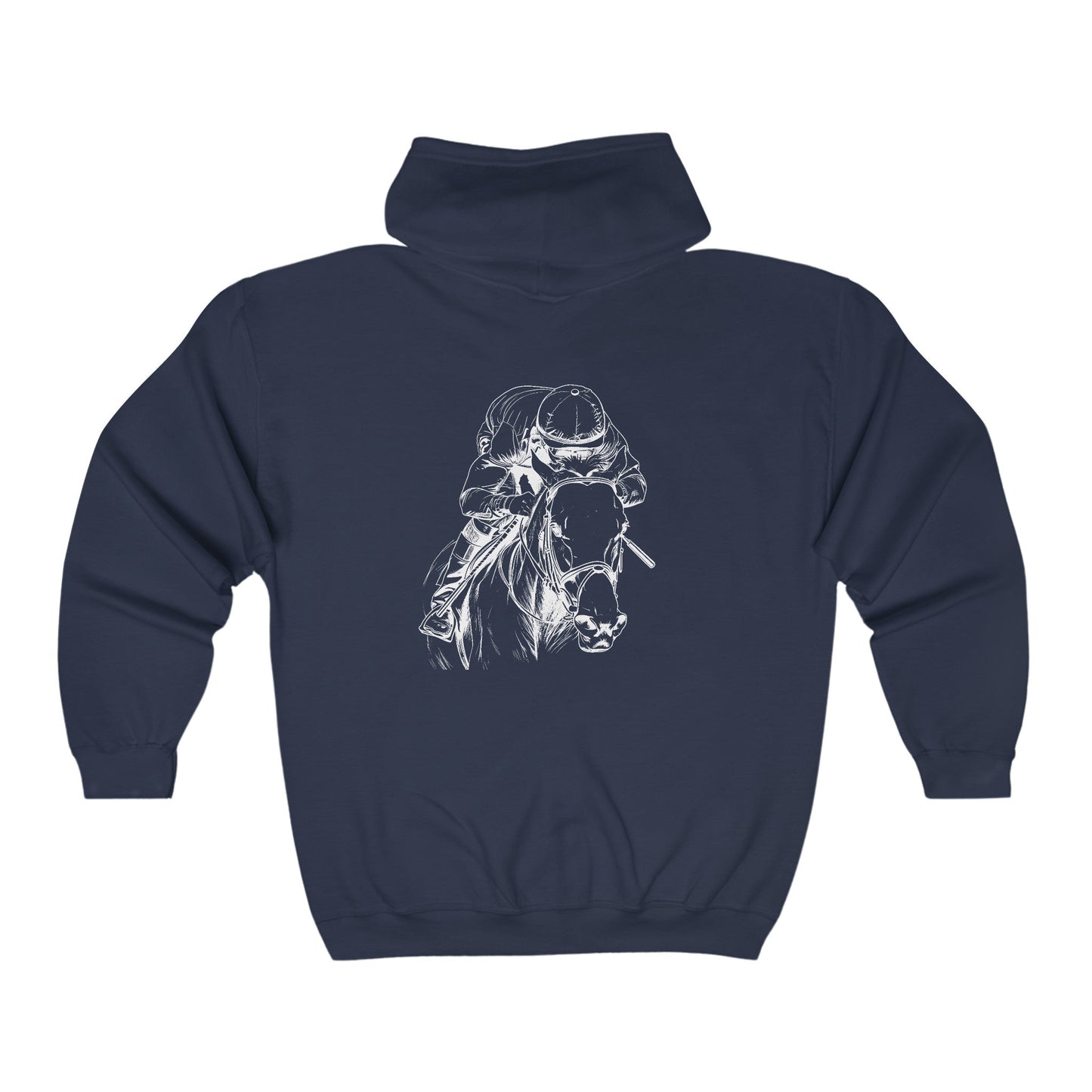 Original Horseracing Full Zip Jacket, Black Marker Drawing, Jockey on Horse, "Home Stretch" - FlooredByArt