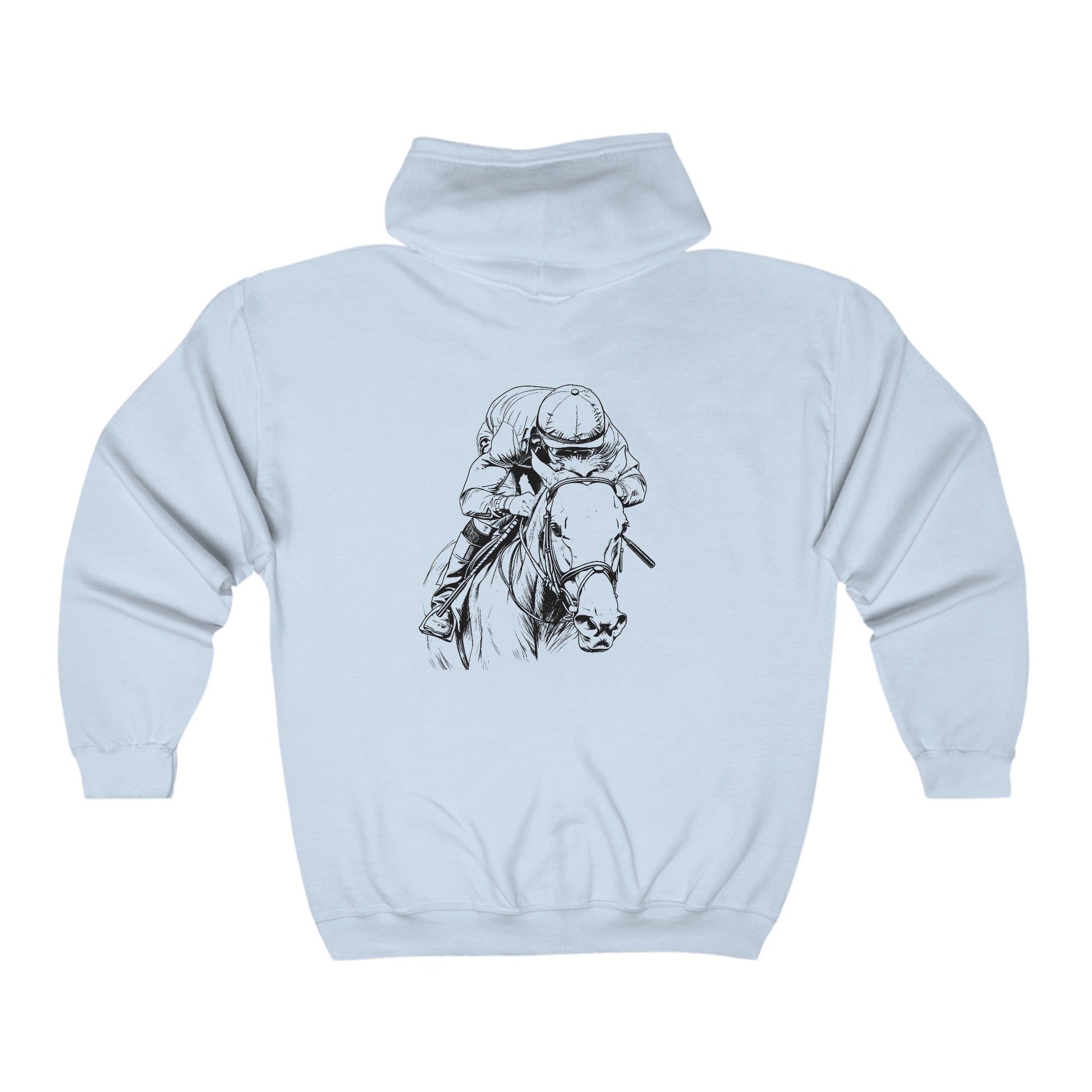 Original Horseracing Full Zip Jacket, Black Marker Drawing, Jockey on Horse, "Home Stretch" - FlooredByArt