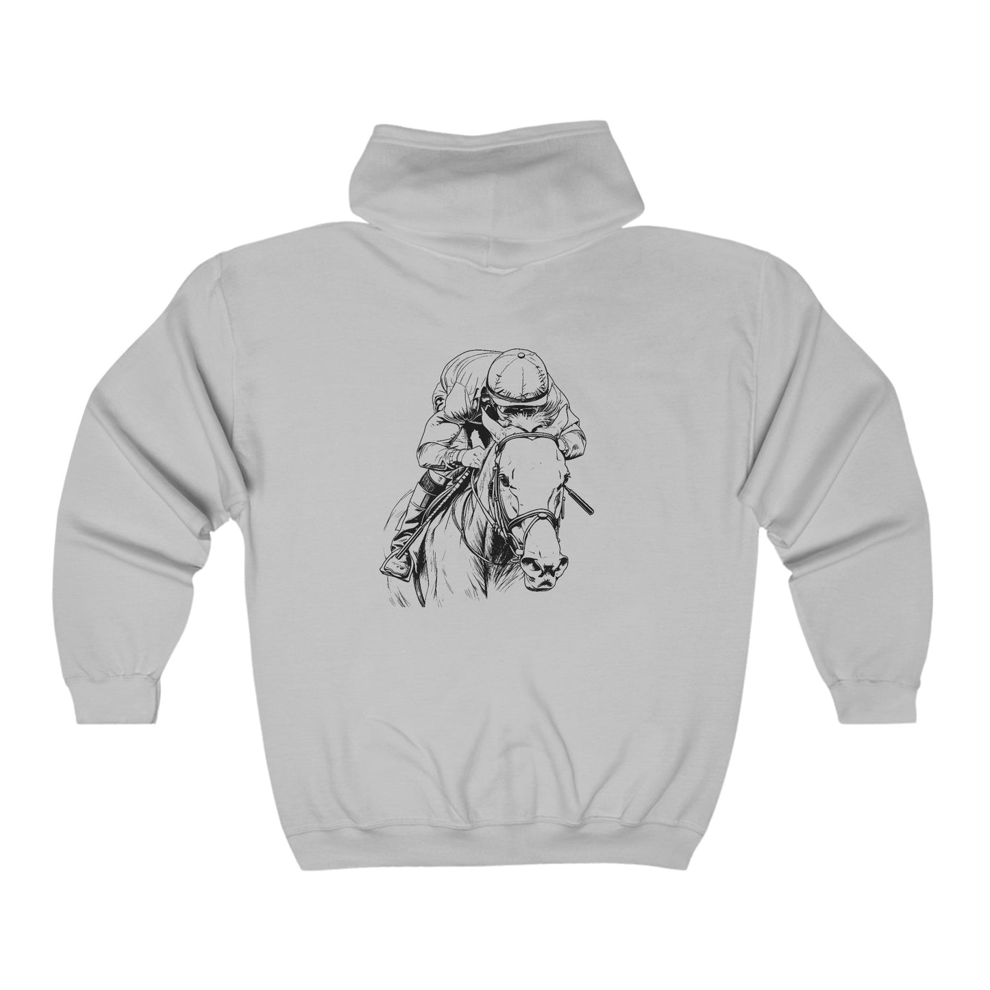 Original Horseracing Full Zip Jacket, Black Marker Drawing, Jockey on Horse, "Home Stretch" - FlooredByArt