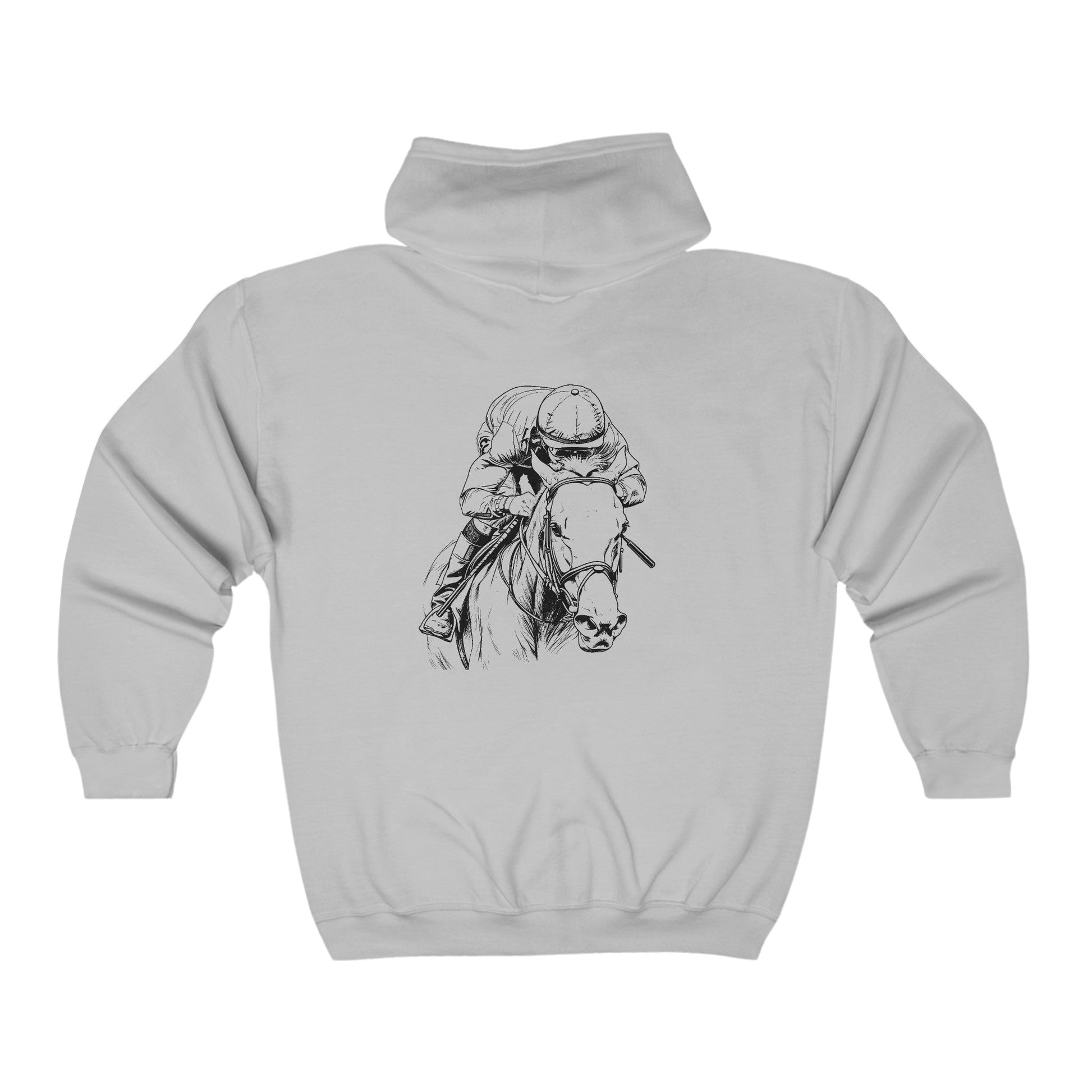 Original Horseracing Full Zip Jacket, Black Marker Drawing, Jockey on Horse, "Home Stretch" - FlooredByArt